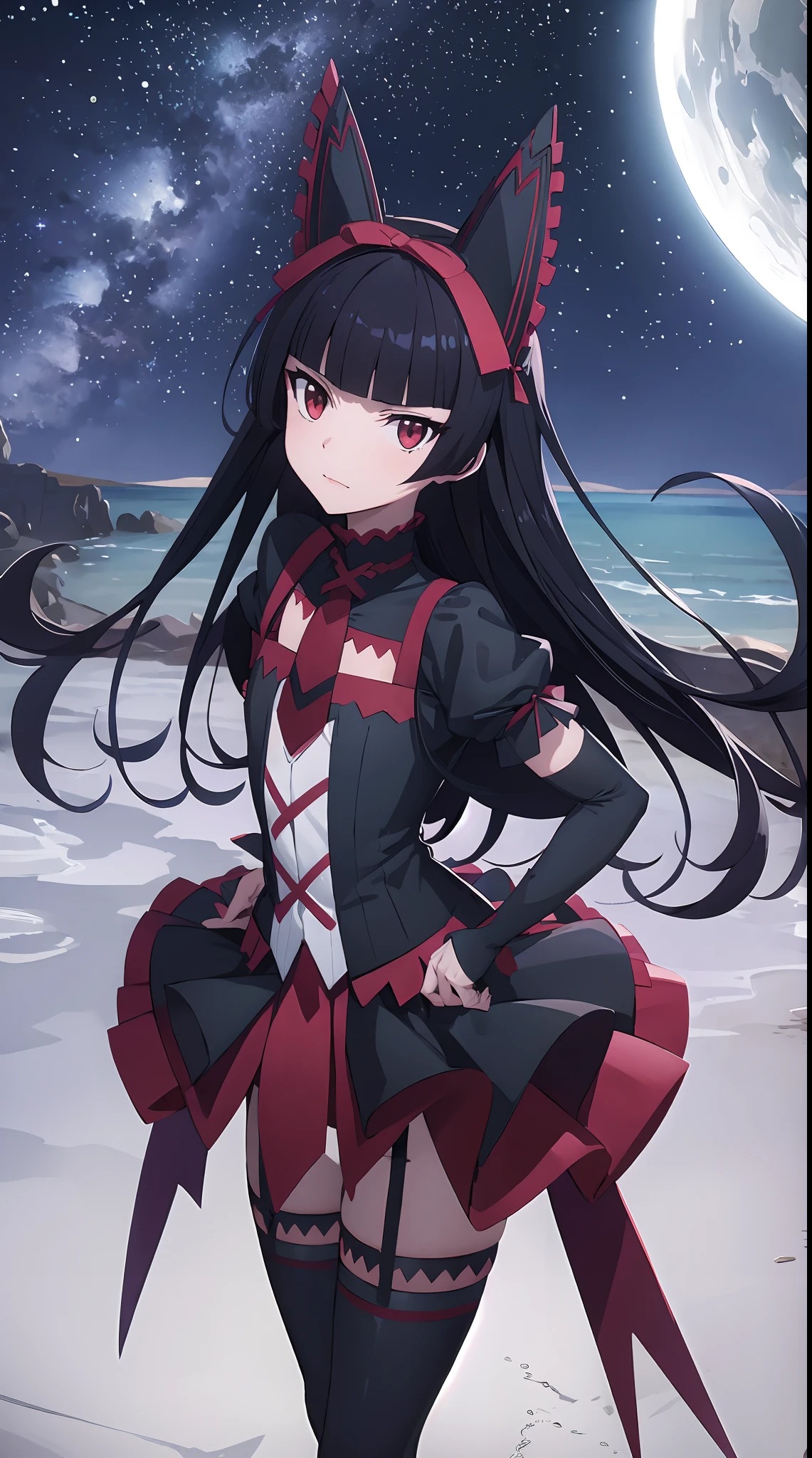 Rory Mercury, Rory Mercury, black  hair, blunt bangs, hime cut, hair ornament, black lipstick, hairlong, angry face, makeup, (small chest:1.2), (red eyes:1.5), BREAK Gothic underwear, the perfect body (little chest:1.3) Hornny,  BREAK in full growth, red shoes, BREAK Black Stockings, Black Gloves BREAK, black thighs, garter straps, gloves, gotik, Hair Bow, gothic fashion, puffy short sleeves, puffy sleeves, short sleeves, thighs, BREAK, starry night sky, night city, BREAK looks at the viewer, BREAK (Masterpiece:1.2), Best Quality, High Resolution, Unity 8k壁纸, (illustartion:0.8), (beautiful detail eyes:1.6), extremely detailed face, perfect  lighting, extremely detailed CGI, (perfect arms, perfect anatomy),