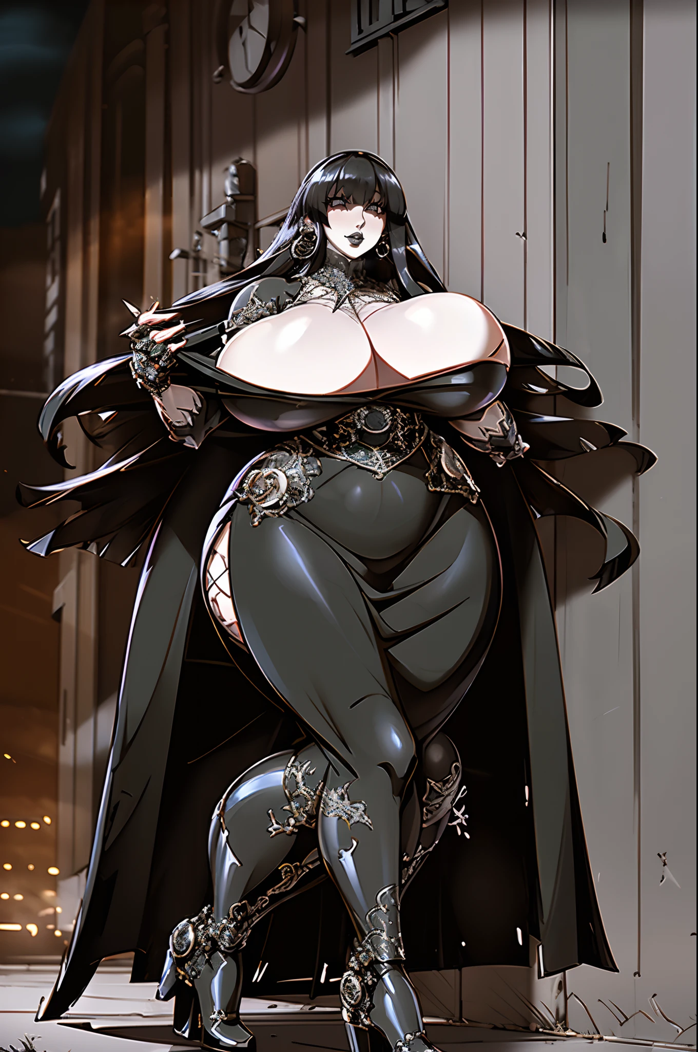 (best quality, ),gothic, milf, huge breast, thicc, black hair, blacklipstic, solo, full body, long skirt, large skirt, black robe, medieval clothing, dark atmosphere, ornate details, dim lighting, dramatic shadows, mysterious aura, intricate lace patterns, porcelain skin, bewitching gaze, elegant posture, majestic presence, flowing silhouette, gothic architecture, candlelit backdrop, hauntingly beautiful, enchanting presence, ethereal ambiance, alluring expression, intense sensuality, exquisite jewelry, supernatural allure, captivating aura, sensual curves, full body, boots, blacklipstic, happy, smile, boots, walking