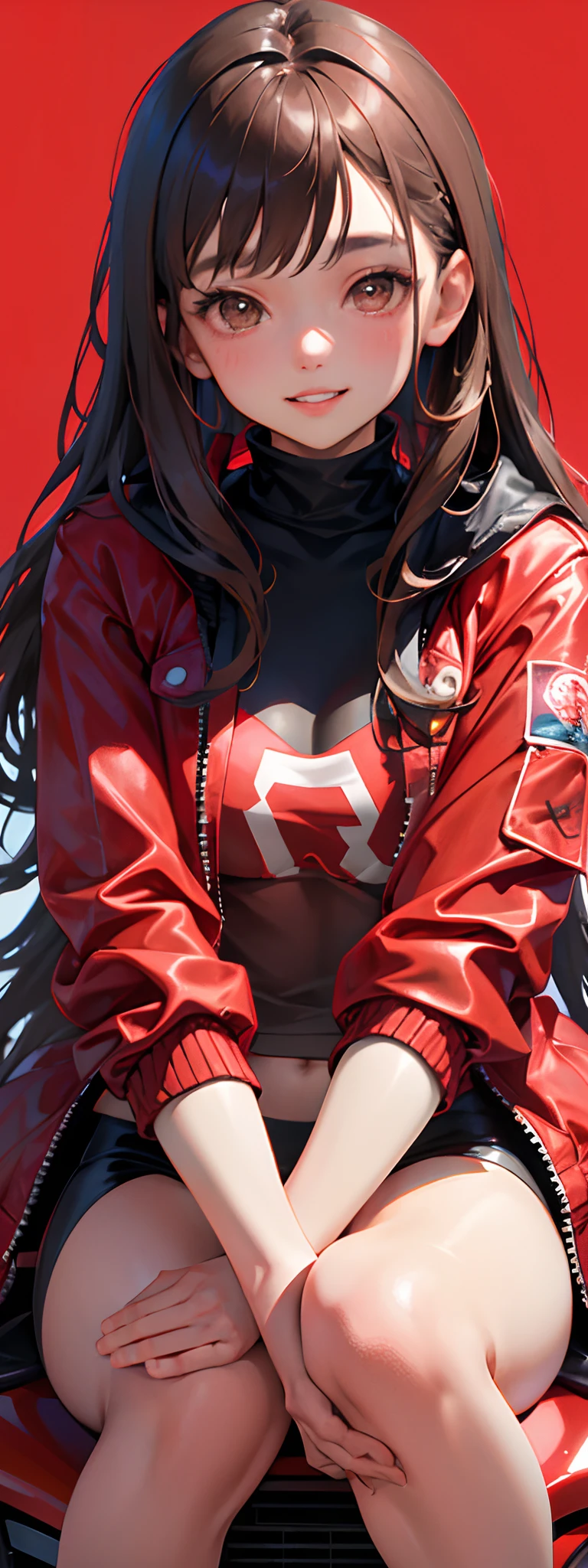 1girl, solo,underwaterbrown hair, brown eyes, parted lips, long sleeves, jacket, simple background, upper body, red background, looking at viewer, teeth, red jacket, lips, cosplay,  full body, smile，motorbike