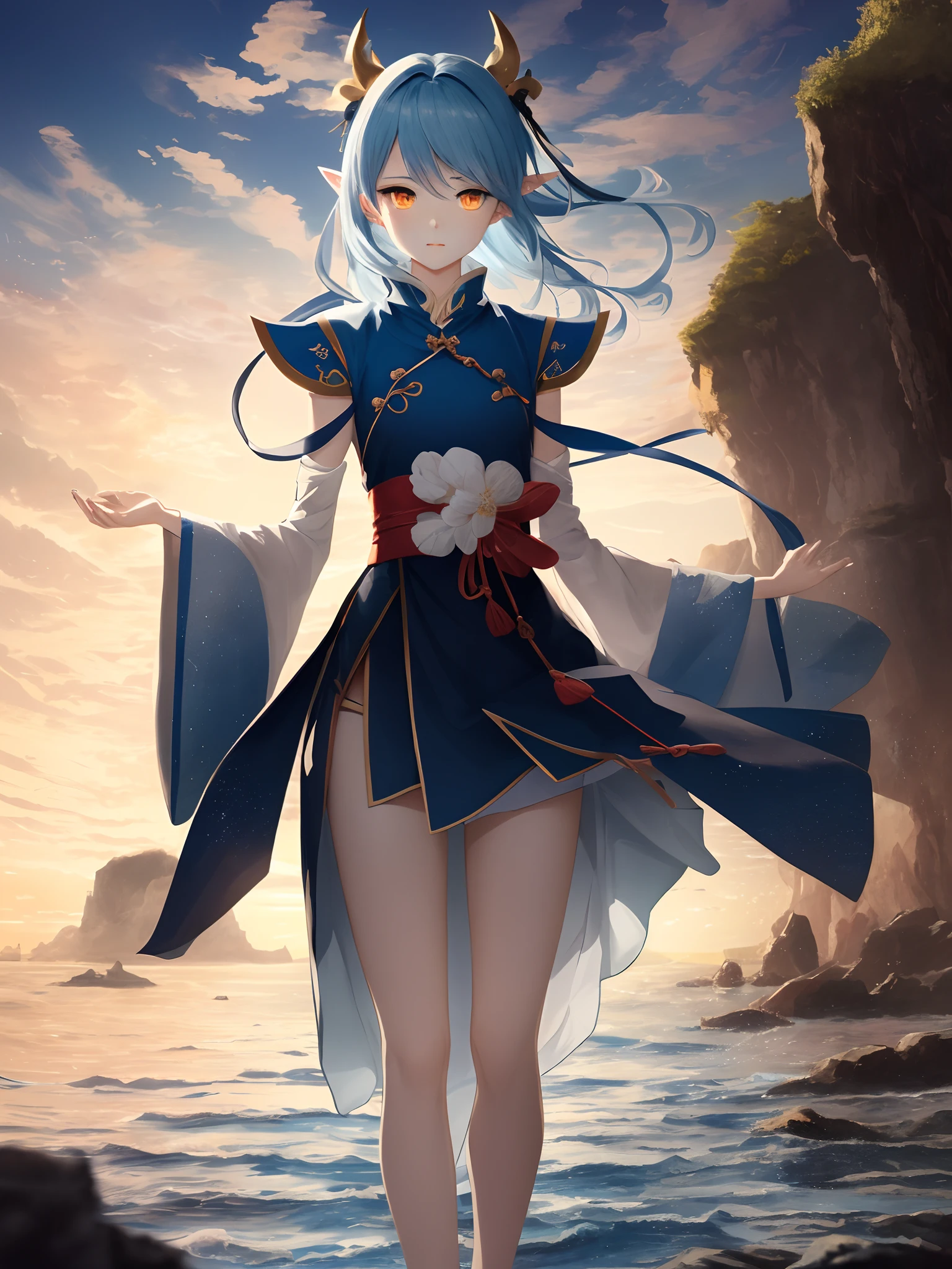 1个Giant Breast Girl，calm expression，mesmerizing eyes，Flowing skirt，A calm posture，Porcelain-like skin，Subtle blush，（edge lit）：1.2，a warm color palette，sunflare，soft shade，vivd colour，painterly effect，Fantastic atmosphere BREAK scenic seaside，Calm water surface，Reflectors，Sunlit clouds，tranquil ambiance，Idyllic sunsets，ultra - detailed，offcial art，统一 8k 壁纸，From mobile games《onmyoji》light blue  hair，Hair is like ocean waves。Linghai Goldfish Hime，Big anime eyes，yellow eyes，Ultra-delicate eyes，M bangs，Pointy ears，clothing in dark blue colors，short  skirt，Anime comic style，smallunderboob