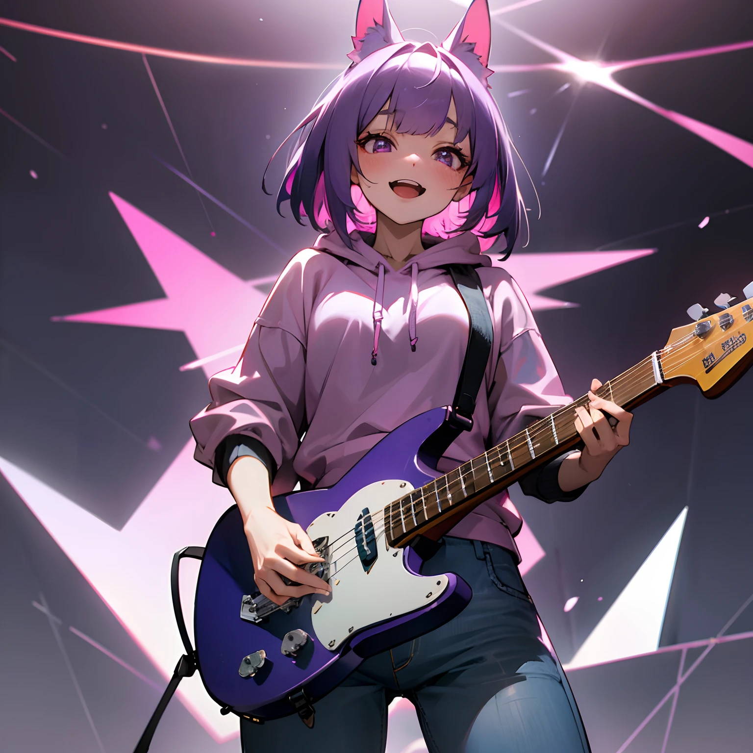 ((Masterpiece)), (High Definition:1.3), (Professional Photography:1.2), 8K, Realistic, Beautiful photo, Cute teenage Beautiful Girl, Slender body, Textured skin, (cinematic lighting),(messy medium bob, purple color hair)、put on Black rabbit ears、(oversized cute pink hoodie), Tattered short trousers of jeans fabric、(crazy Eyes)、((hold a Telecaster electric guitar)), dynamism, stand on Eerie and inorganic concrete stage、very blush、Big purple eyes, big Open your mouth and crazy smile