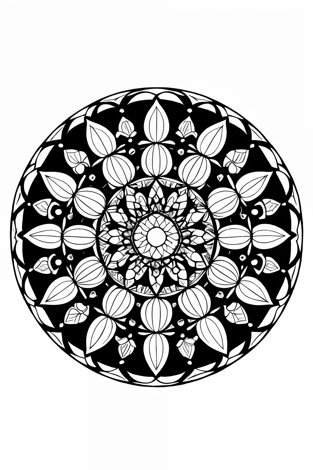 coloring book、a Mandala、tulips、black-and-white、illustratio、White background