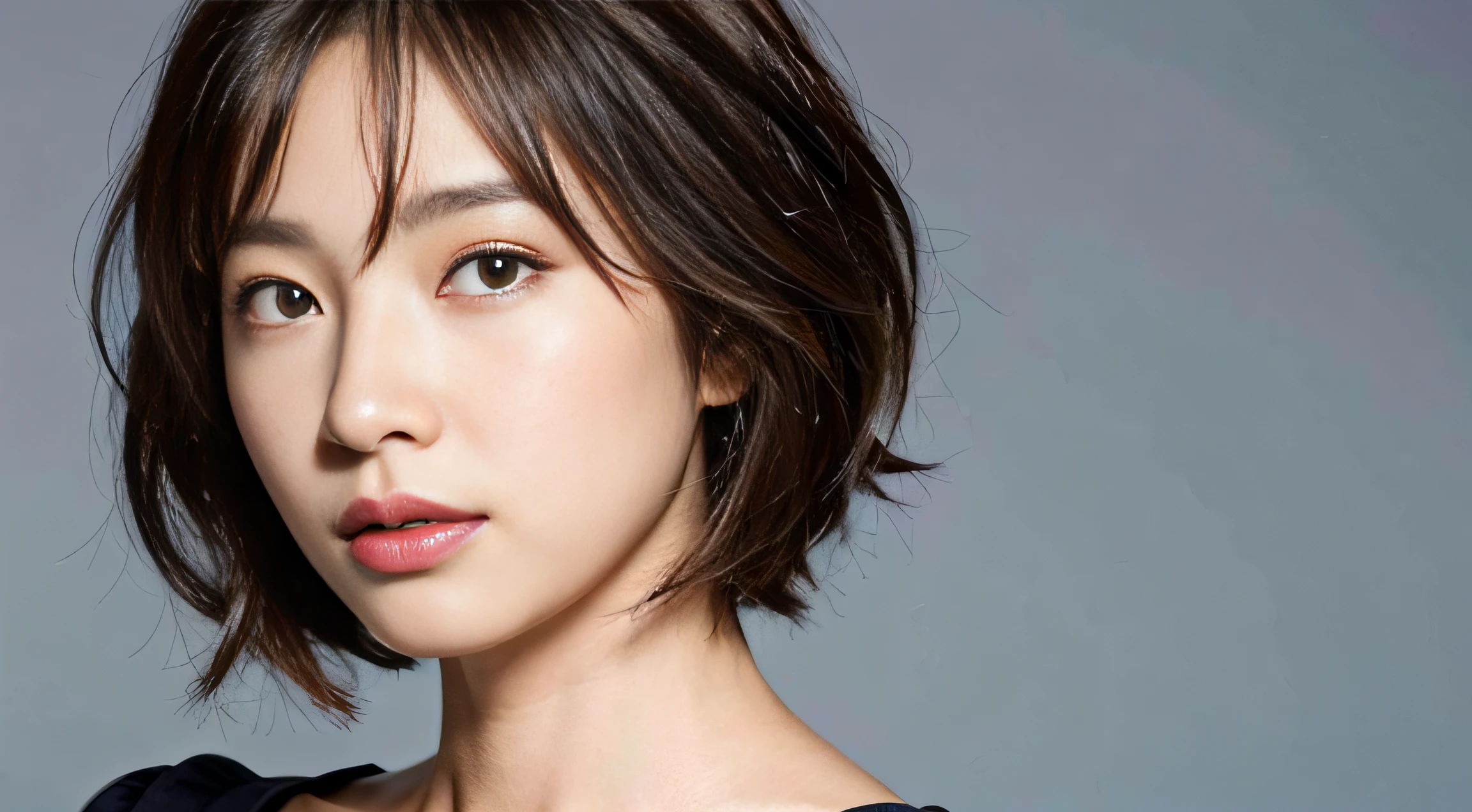 (Best Quality, 8k, 32k, Masterpiece, UHD: 1.2), Japan Beauties, Big, Very Short Bob Hair, Upper Body, Face Focus, Sweater, Simple Background, Watch Viewers