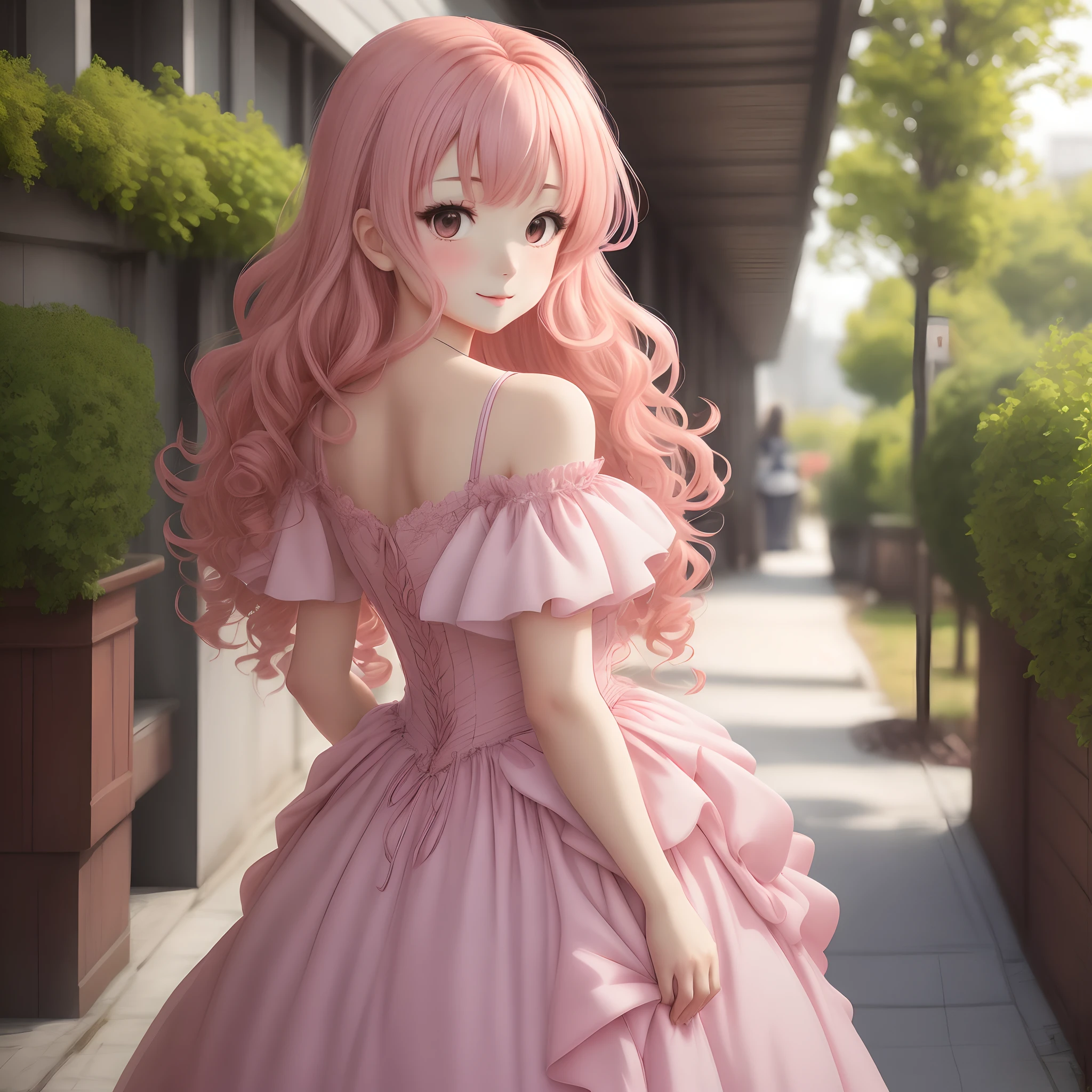 Anime girl with pink, curly hair in ball gown looking behind her, over her shoulder