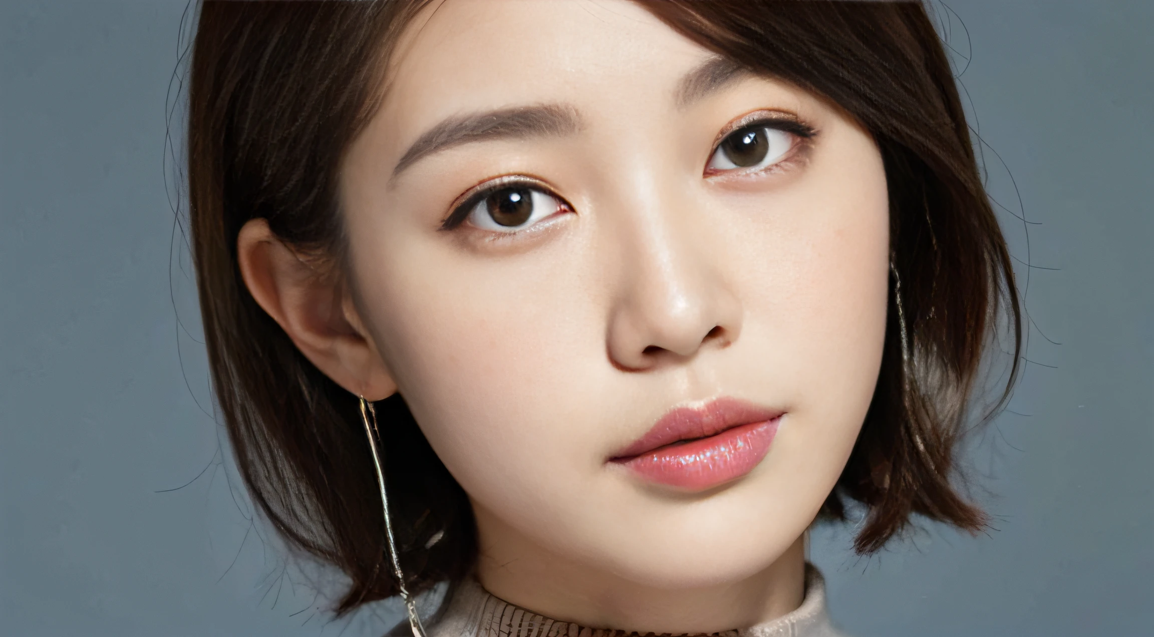 (Best Quality, 8k, 32k, Masterpiece, UHD: 1.2), Japan Beauties, Big, Very Short Bob Hair, Upper Body, Face Focus, Sweater, Simple Background, Watch Viewers