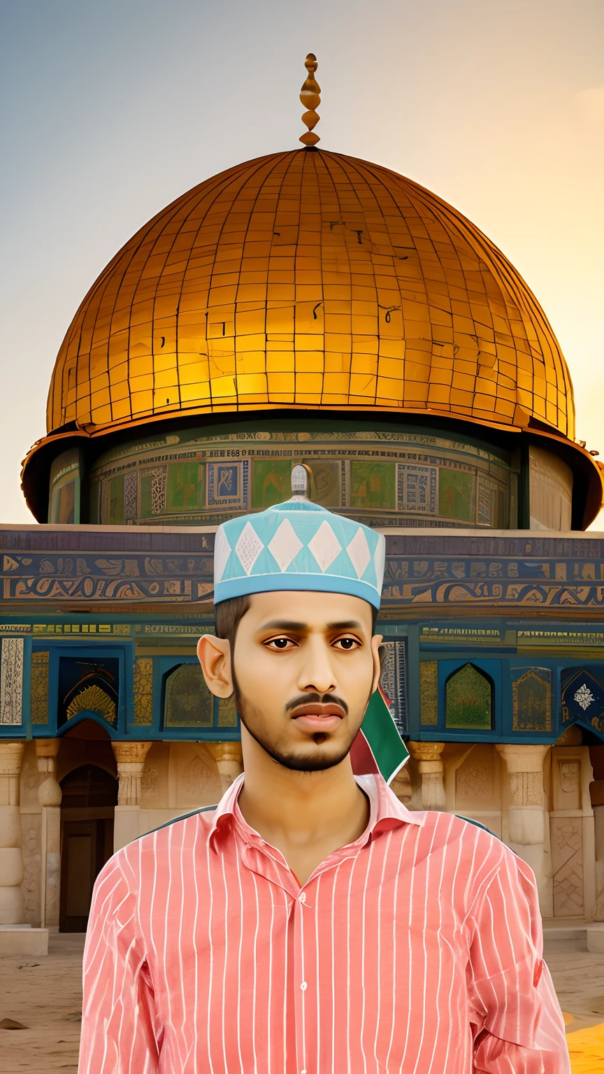 a man in a red shirt and a blue hat with a palestine flag on it, mohamed chahin, mohamed reda, riyahd cassiem, inspired by Abdullah Gërguri, shabab alizadeh, portrait of bedouin d&d, maximus jacobs, inspired by Sheikh Hamdullah, inspired by Ahmed Yacoubi extremy make cgi