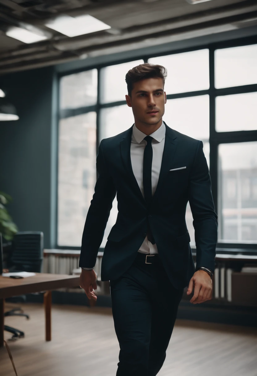 Balkan young man runs slightly stocky man with black suit in an office looking at the camera