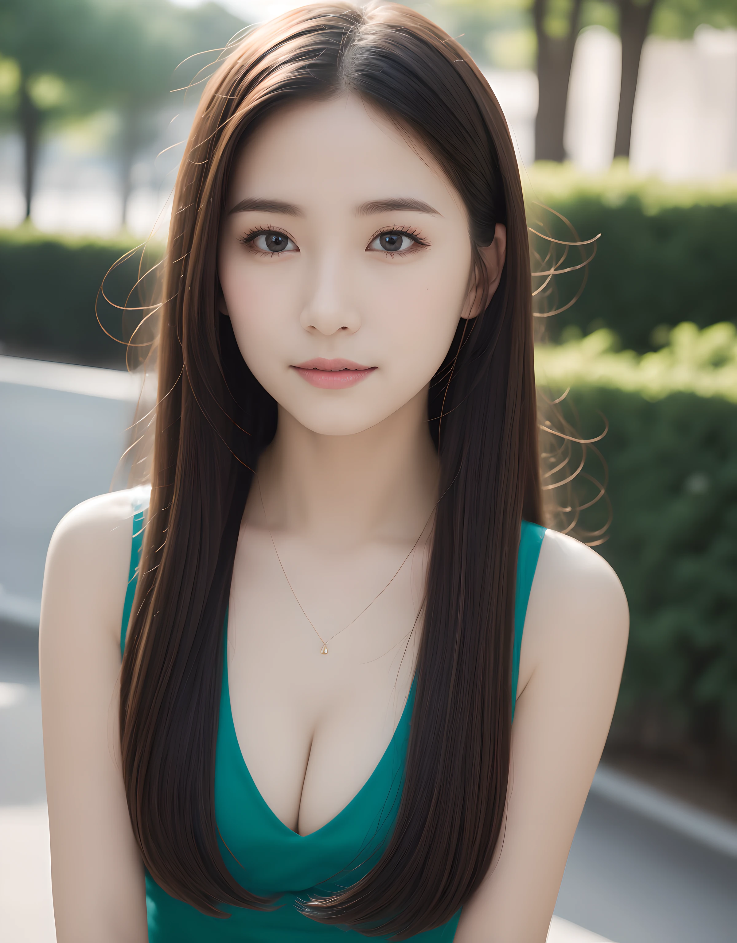 best quality, white skin, real human skin, (detailed face), face focus, hyper sharp image, oval face, pores, ultra high res, (8k, RAW photo, photorealistic:1.4), 1girl, slim, (large-breast:1.37, cleavage), (looking straight at viewer with a serene and goddess-like happiness:1.2), (lifter gloss, eyelashes, gloss-face, best quality, ultra highres, Broad lighting, natural shading), teacher style fashion, sleeveless, emerald green A-line dress, cityscape, fashion street venue, arms behind back:1.3, burry background, bokeh, depth of field, cowboy shot:1.3,