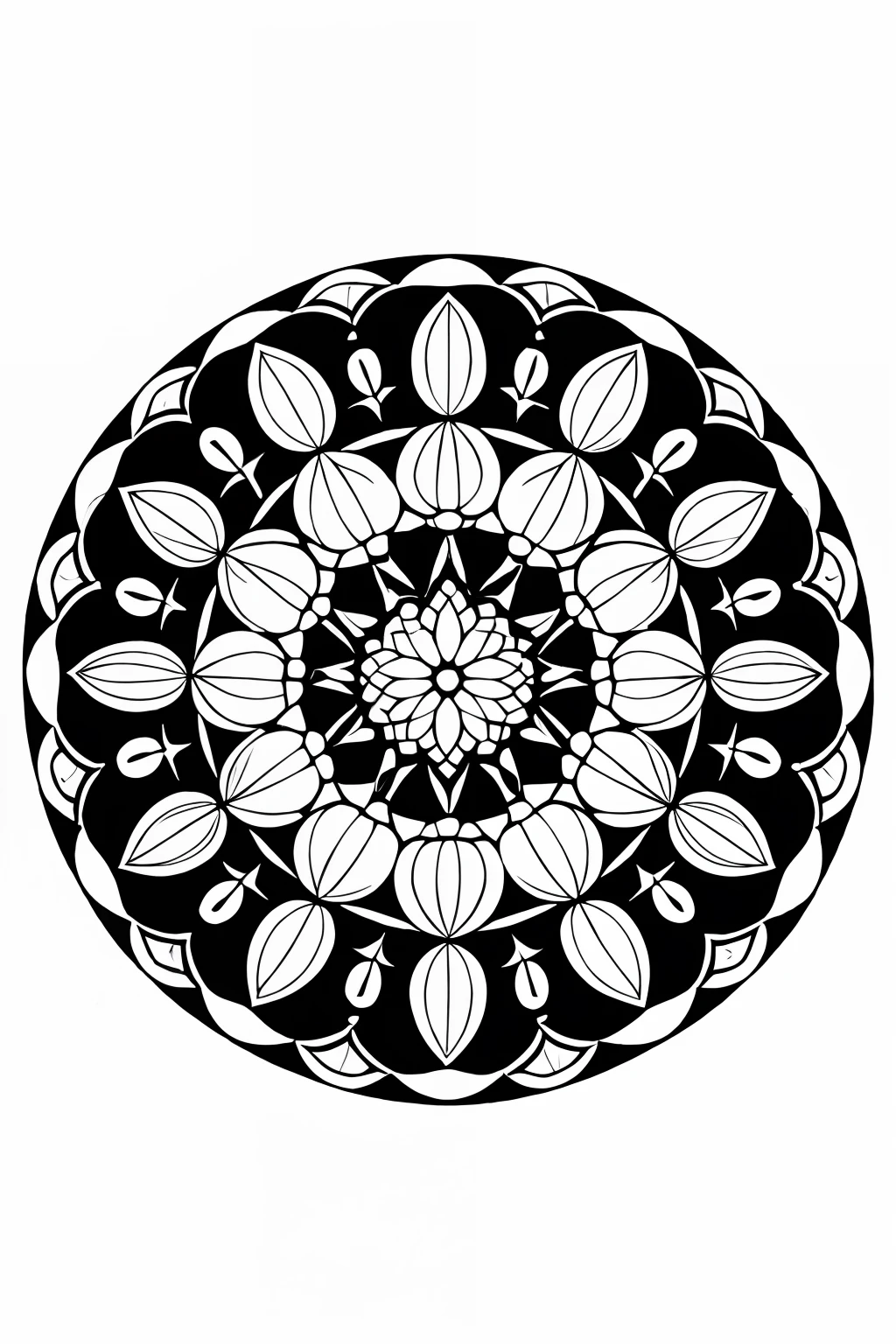 coloring book、a Mandala、tulips、black-and-white、illustratio、White background