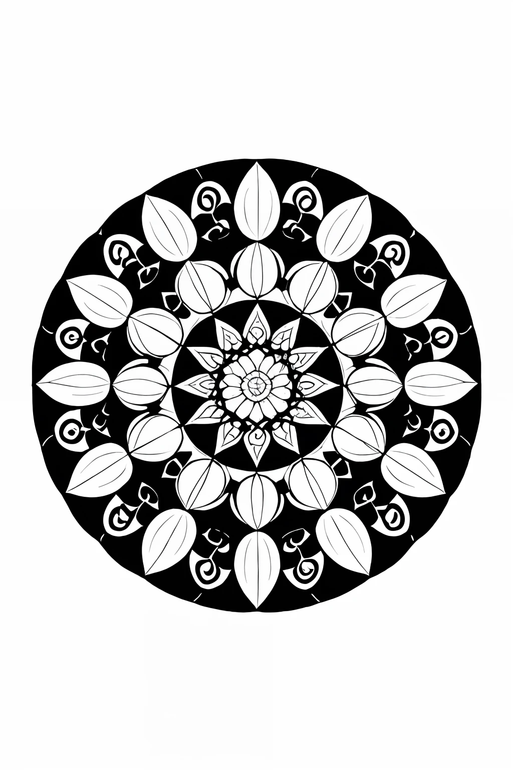 coloring book、a Mandala、tulips、black-and-white、illustratio、White background