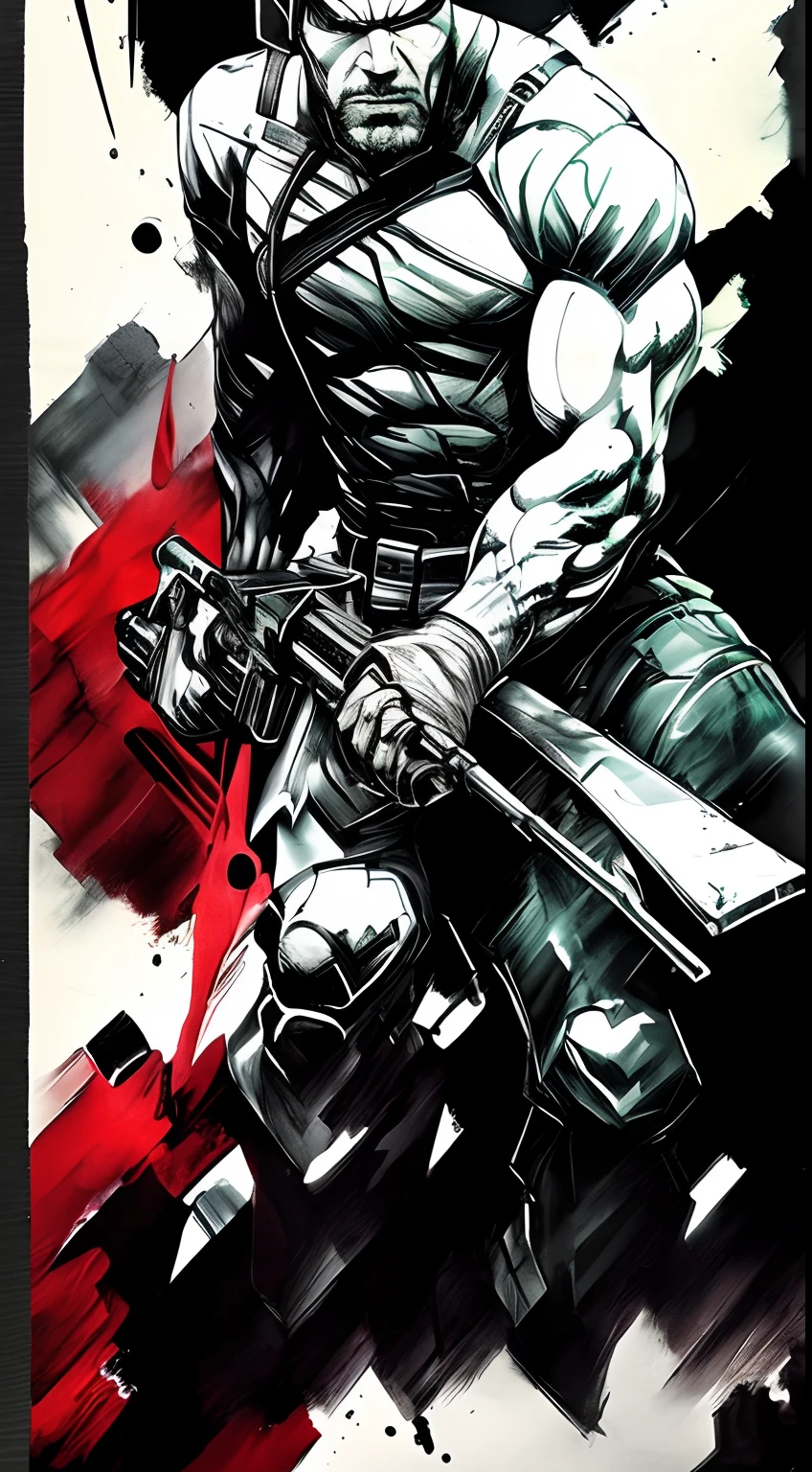 A strong and sensual male punisher with a gun, in the style of chalk and charcoal printing, dark emerald and red, distorted and fractured, master of shadows, marine painter, ink-washed, gothcore, character studies.