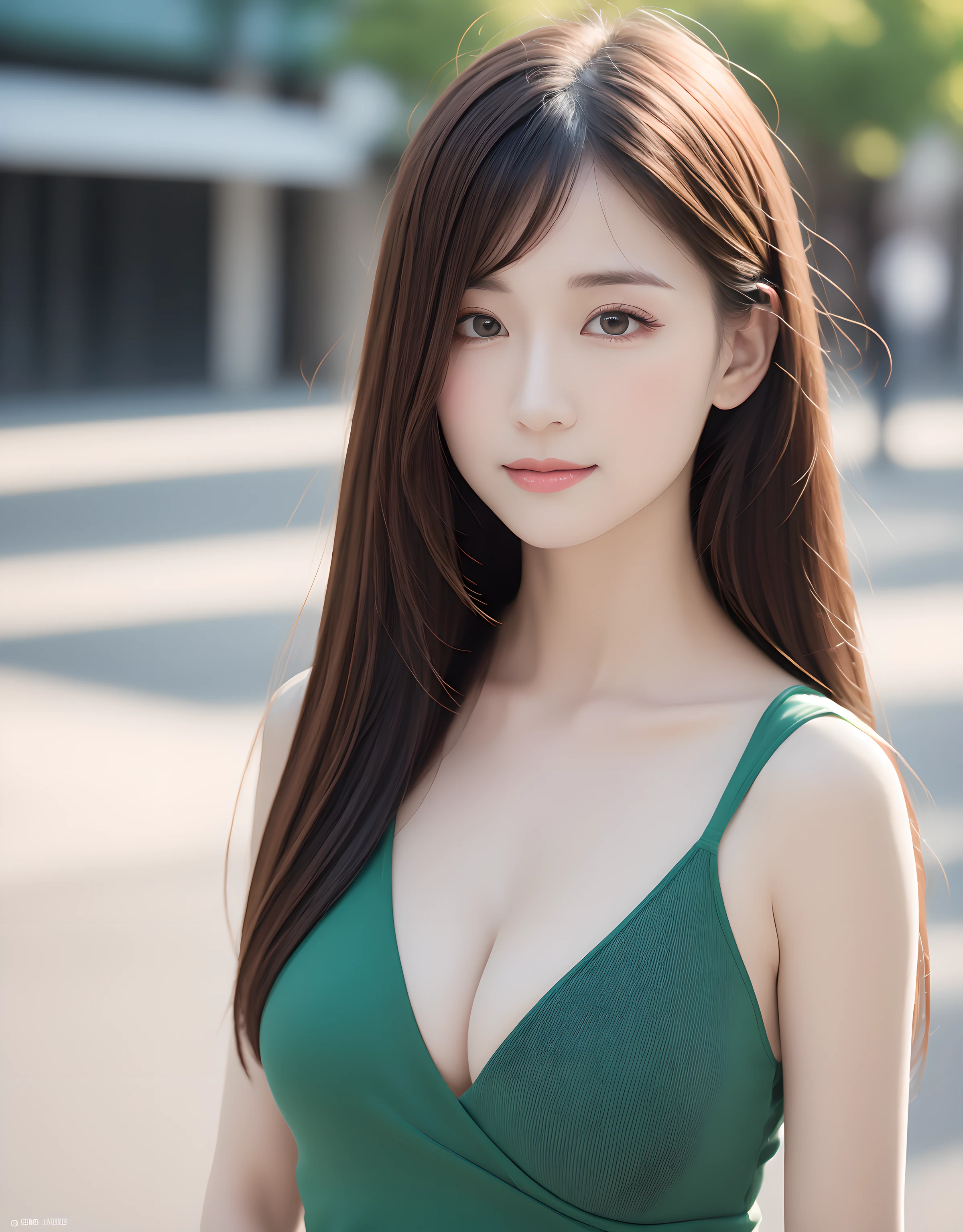 best quality, white skin, real human skin, (detailed face), oval face, pores, ultra high res, (8k, RAW photo, photorealistic:1.4), 1girl, slim, (large-breast:1.37, cleavage), (looking straight at viewer with a serene and goddess-like happiness:1.2), (lifter gloss, eyelashes, gloss-face, best quality, ultra highres, Broad lighting, natural shading), teacher style fashion, sleeveless, emerald green A-line dress, cityscape, fashion street venue, arms behind back:1.3, burry background, bokeh, depth of field, cowboy shot:1.3,