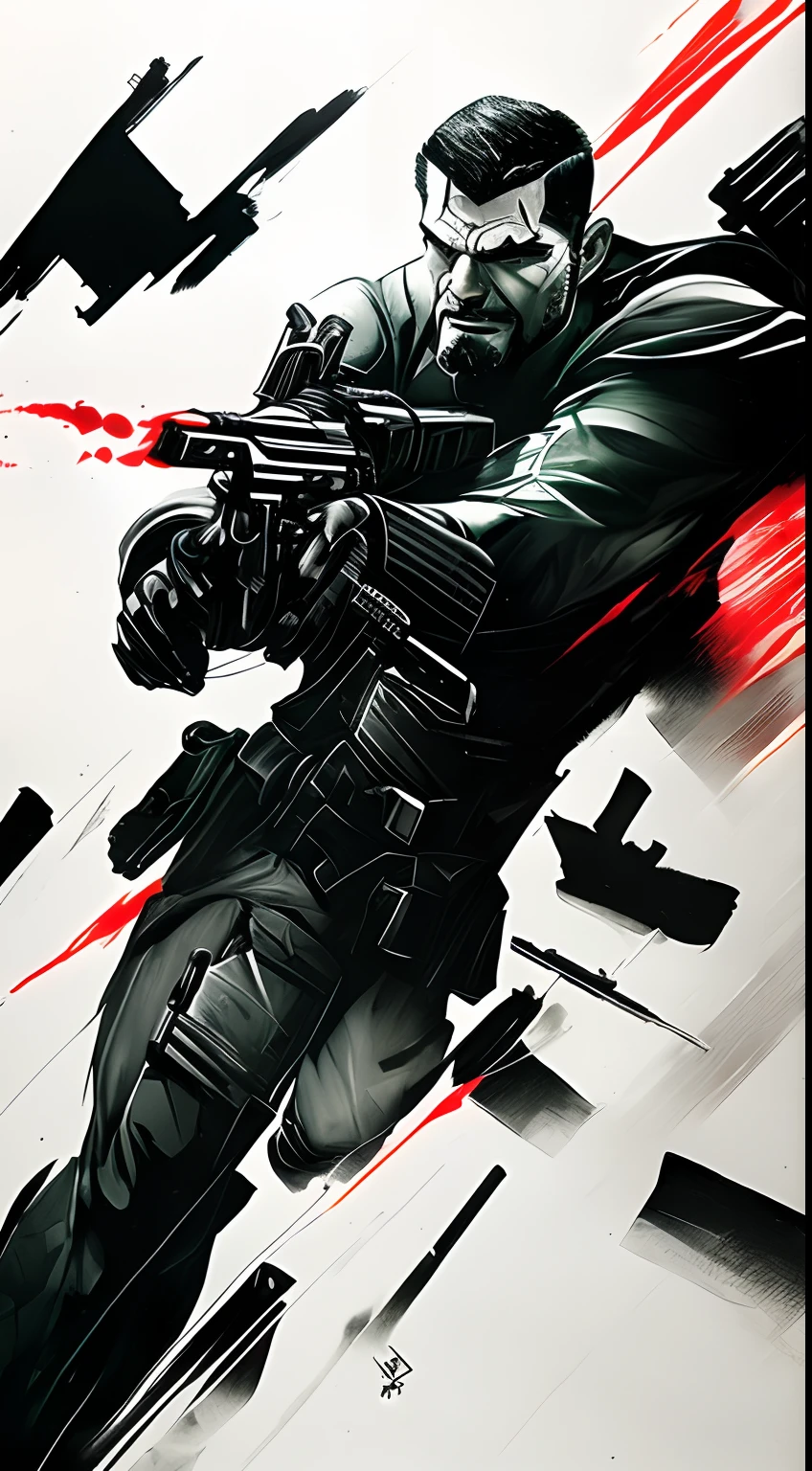 A strong and sensual male punisher with a gun, in the style of chalk and charcoal printing, dark emerald and red, distorted and fractured, master of shadows, marine painter, ink-washed, gothcore, character studies.