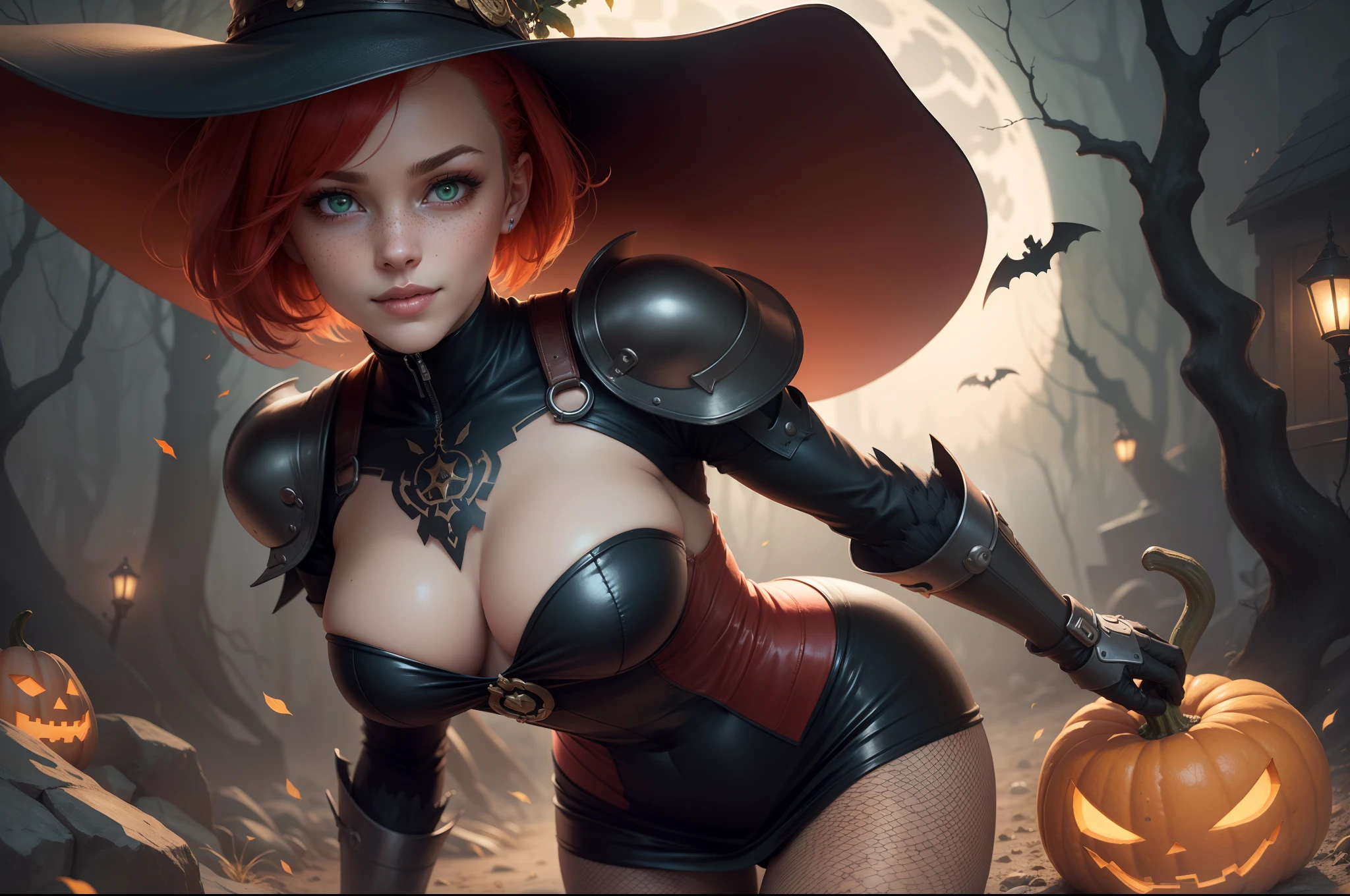 gwen tennyson,tracer,rebecca chambers, yorha 2b,atelier ryza,nier automata,1girl, close up,mecha pilot,tattoos,halloween forest,golden and red plugsuit,pirate corset,silver long sleeve lycra top,fishnet leggings,short hair,cute makeup, green eyes,red and gold hair,shy smile, freckles,redhead,beautiful girl,large breasts,ultra detailed,realistic,fantasy art, short flared skirt,steel armor,halloween pumpkin,moonlight,witch cloak,neck and head jewelry,witch hat,magic wand,