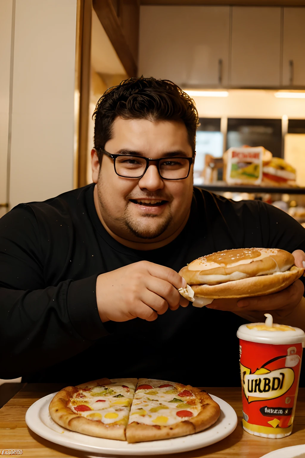 dandruff, fat, 1guy, hamburguer, pizza, butter, cheese, milk, crazy, glasses