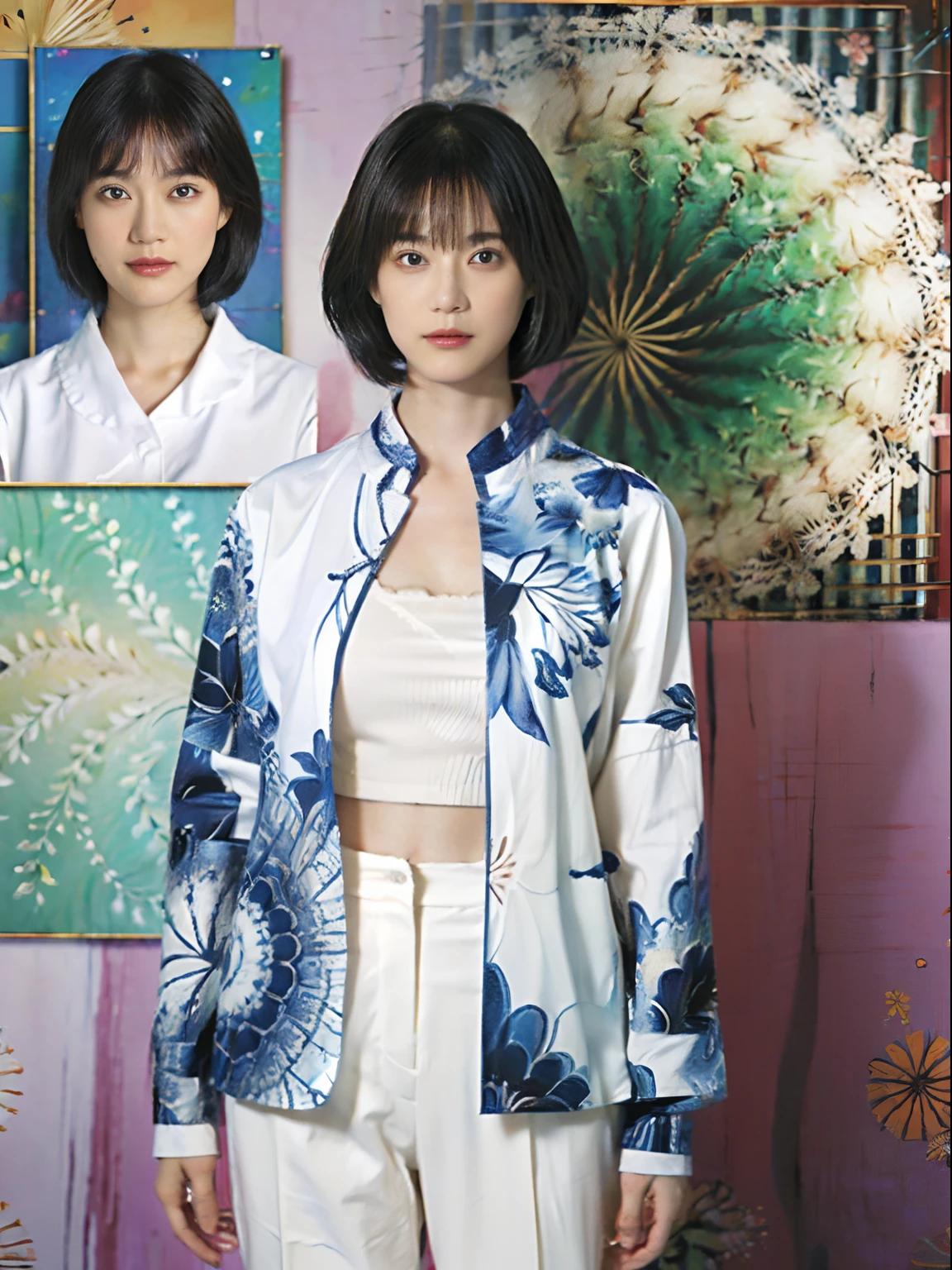 25
(Shorthair:1.23), (a 20 yo woman), (A hyper-realistic), (Masterpiece), (8KUHD), Focus on the face, (Fractal art:1.23),
Graphic long sleeve shirt printed with anime characters, (breast:1.23), Wearing long pants, (The wall of the room is a fractal abstract painting:1.23)