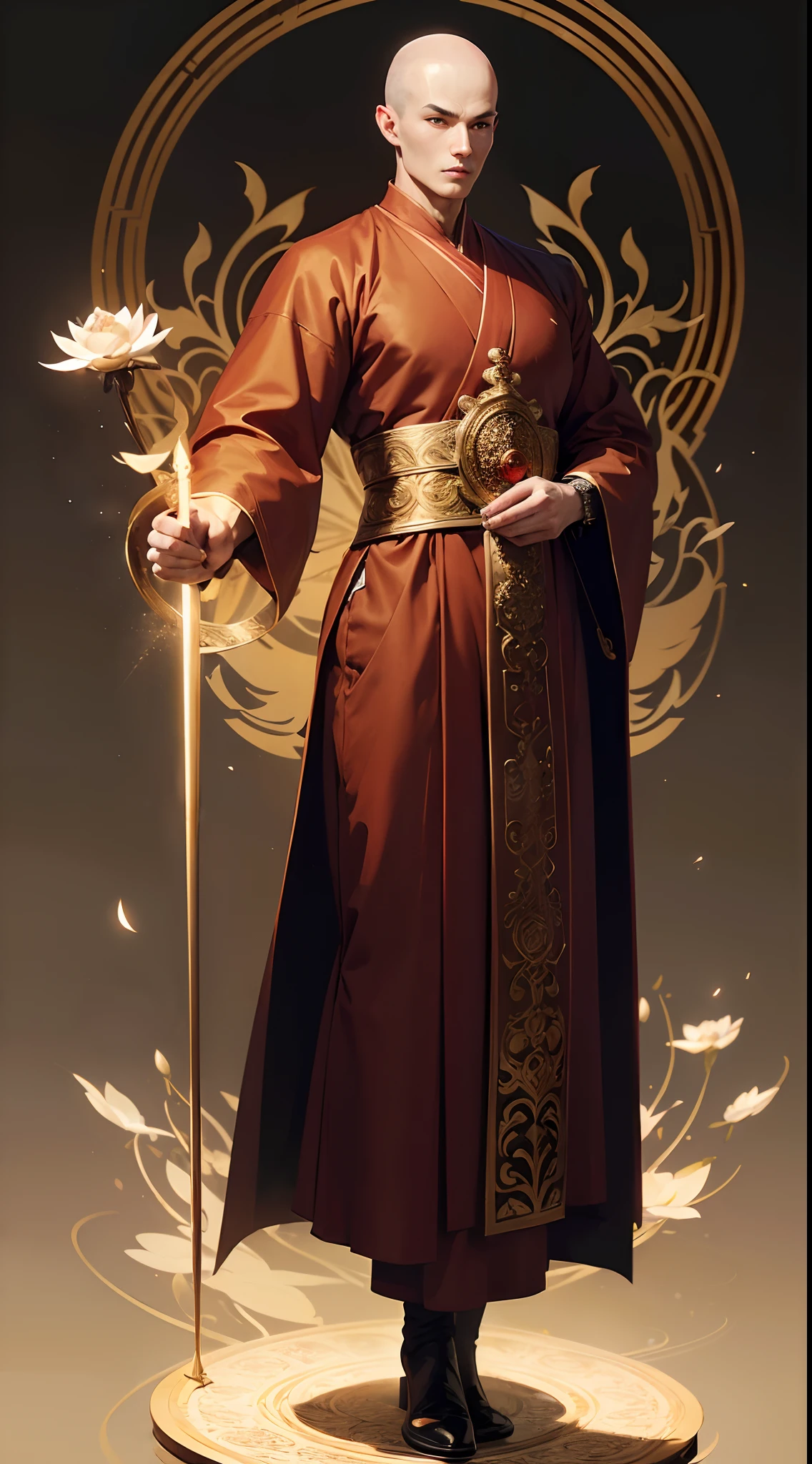 Full body oriental monk, (calm face:1.3), (wearing a traditional monk clothing:1.1), (balded hair:1.5), (peaceful look:0.6), (standing:1.1), (look at the the viewer:1.3), (holding an ornate staff:1.2), clean background, chaotic and intricate background, flare lens, glowing lotus, white petals, lightining, 4k, hyper detailed, hyper realistic, HDR+