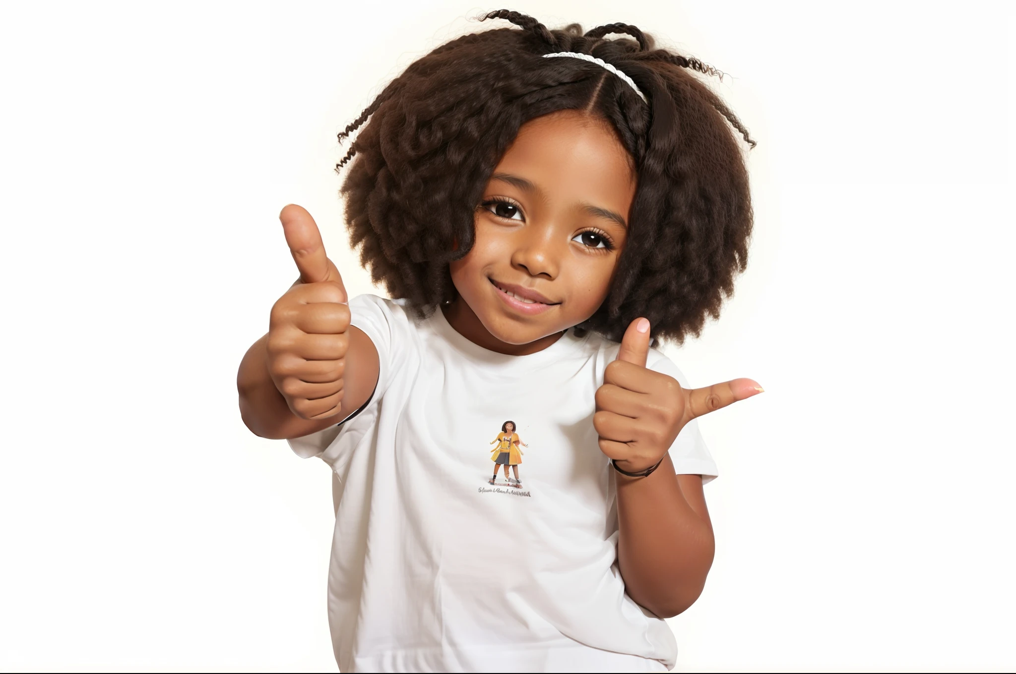 Black child, 5 anos de idade, ****** negra, africana, Angola, pele escura, braided hair, black child girl, 5, Anos, camiseta branca, camiseta branca, giving a thumbs up with both hands, mostrando os polegares, perfect hands, sem erros ou anomalias.