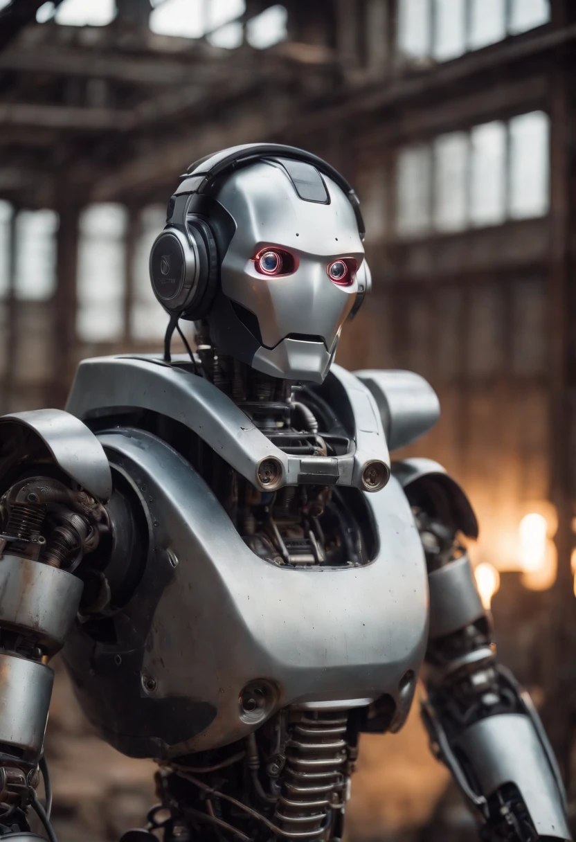 Photographic portrait of a robot wearing headphones made of titanium, Eyes radiate light, dirty water, oils, maintenance, in an old abandoned and rusty factory with his nerdy friend, 8k, Octano, Ultra Detalhado