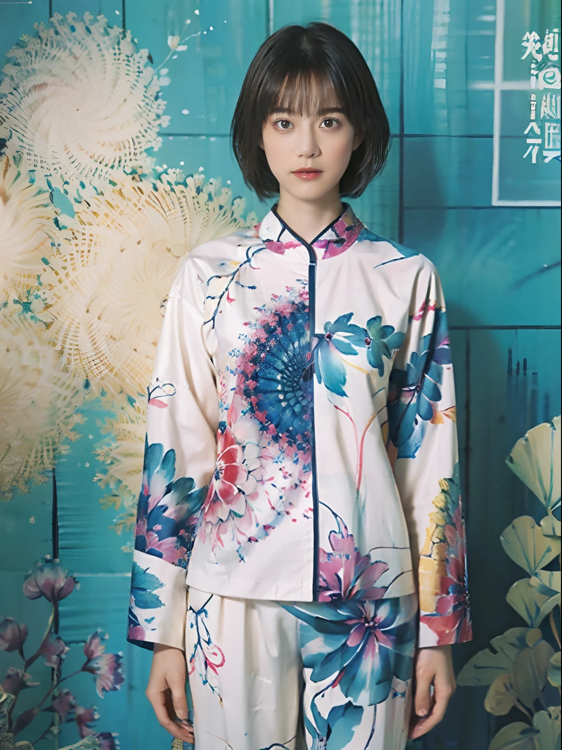 25
(Shorthair:1.23), (a 20 yo woman), (A hyper-realistic), (Masterpiece), (8KUHD), Focus on the face, (Fractal art:1.23), 
Graphic long sleeve shirt printed with anime characters, (breast:1.23), Wearing long pants, (The wall of the room is a fractal abstract painting:1.23)