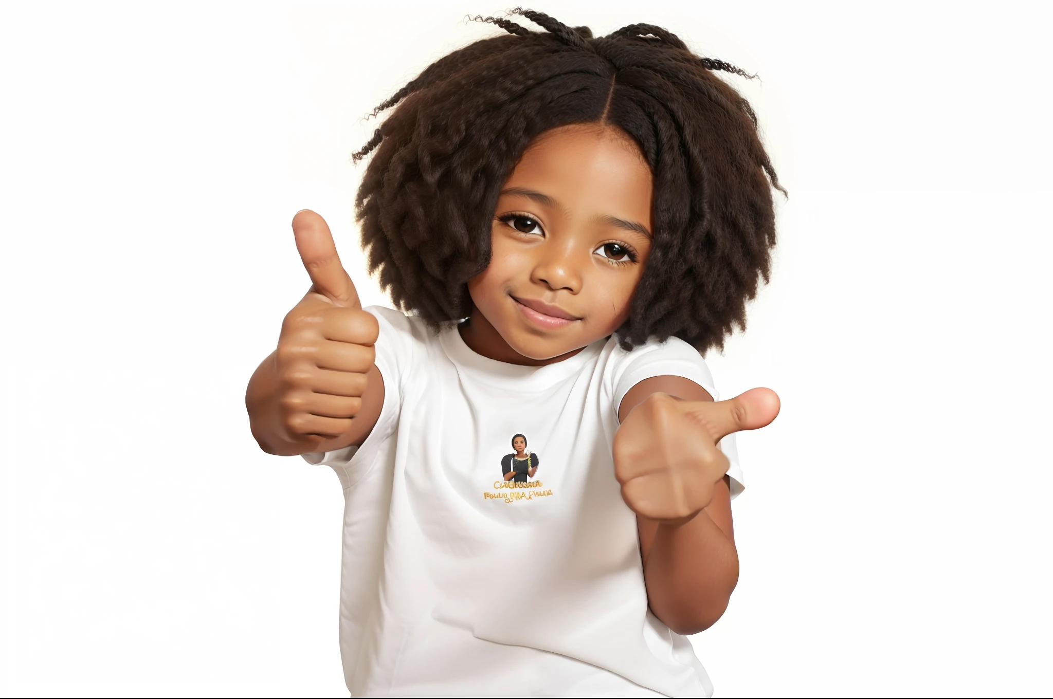 Black child, 5 anos de idade, ****** negra, africana, Angola, pele escura, braided hair, black child girl, 5, Anos, camiseta branca, camiseta branca, giving a thumbs up with both hands, mostrando os polegares, perfect hands, sem erros ou anomalias.