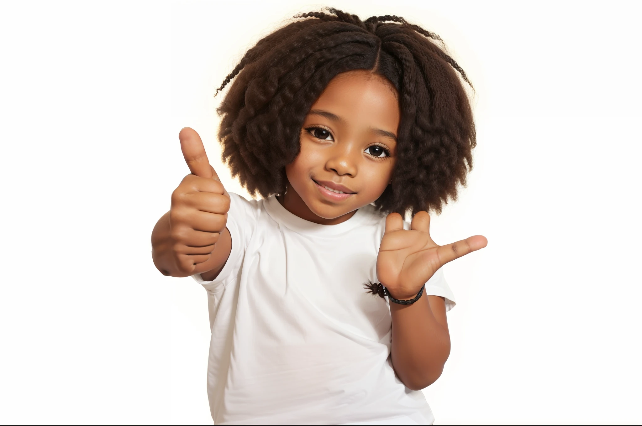 Black child, 5 anos de idade, ****** negra, africana, Angola, pele escura, braided hair, black child girl, 5, Anos, camiseta branca, camiseta branca, giving a thumbs up with both hands, mostrando os polegares, perfect hands, sem erros ou anomalias.