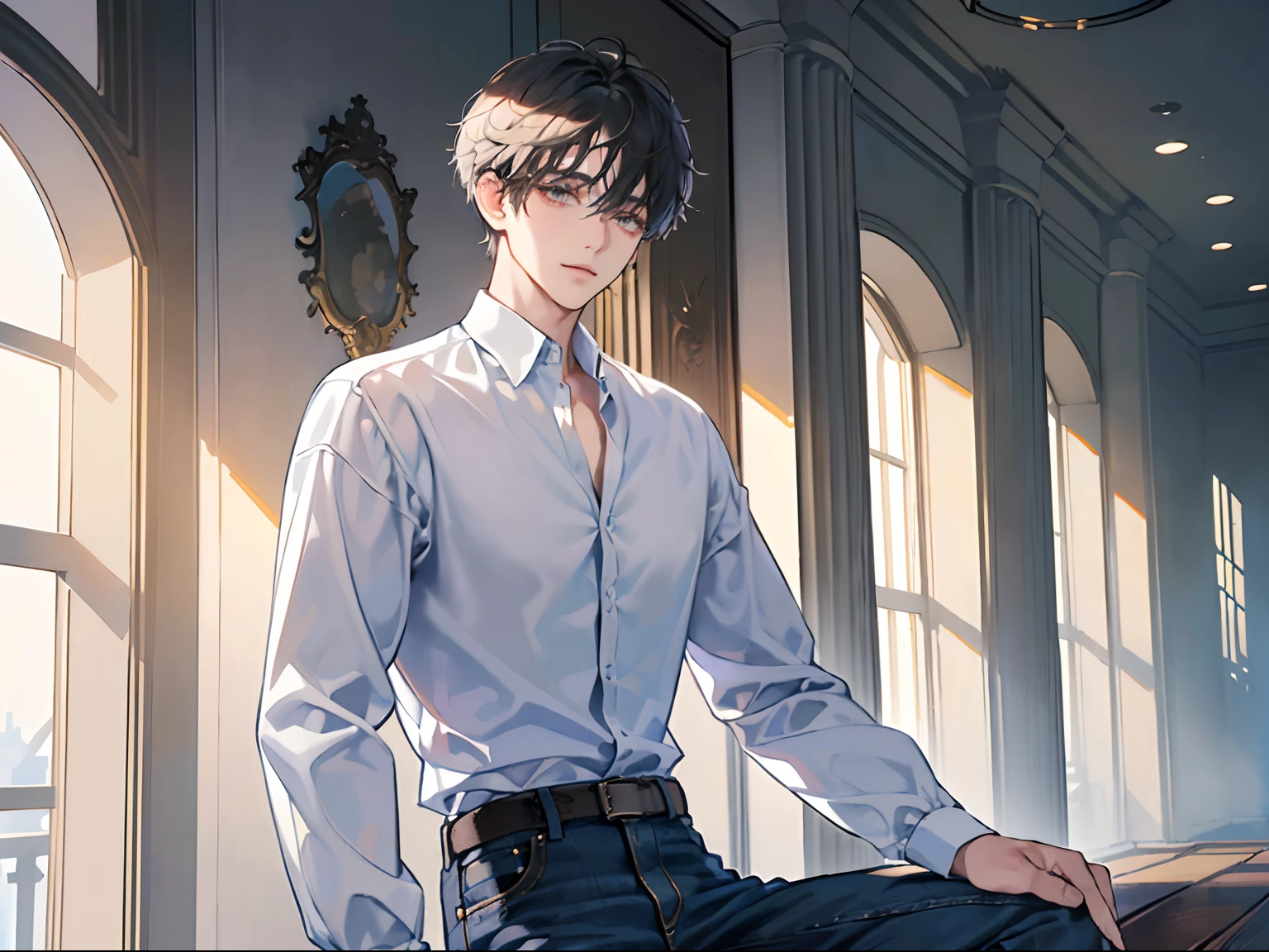 (Hombre con Camisa blanca con botones metida en jeans negros y con un cabello blanco desordenado cayendo ligeramente alrededor de su rostro 1.4) (Dolor facial 1.5) (Sit in the corner of room 1.4) (Abre los ojos 1.3) (Mostrar parte superior del cuerpo 1.4),