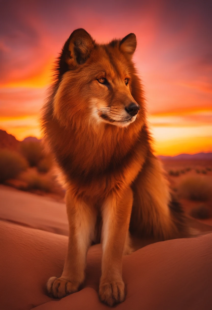 best quality, 4k, detailed fur, vivid colors, desert landscape, warm color palette, sunset tones