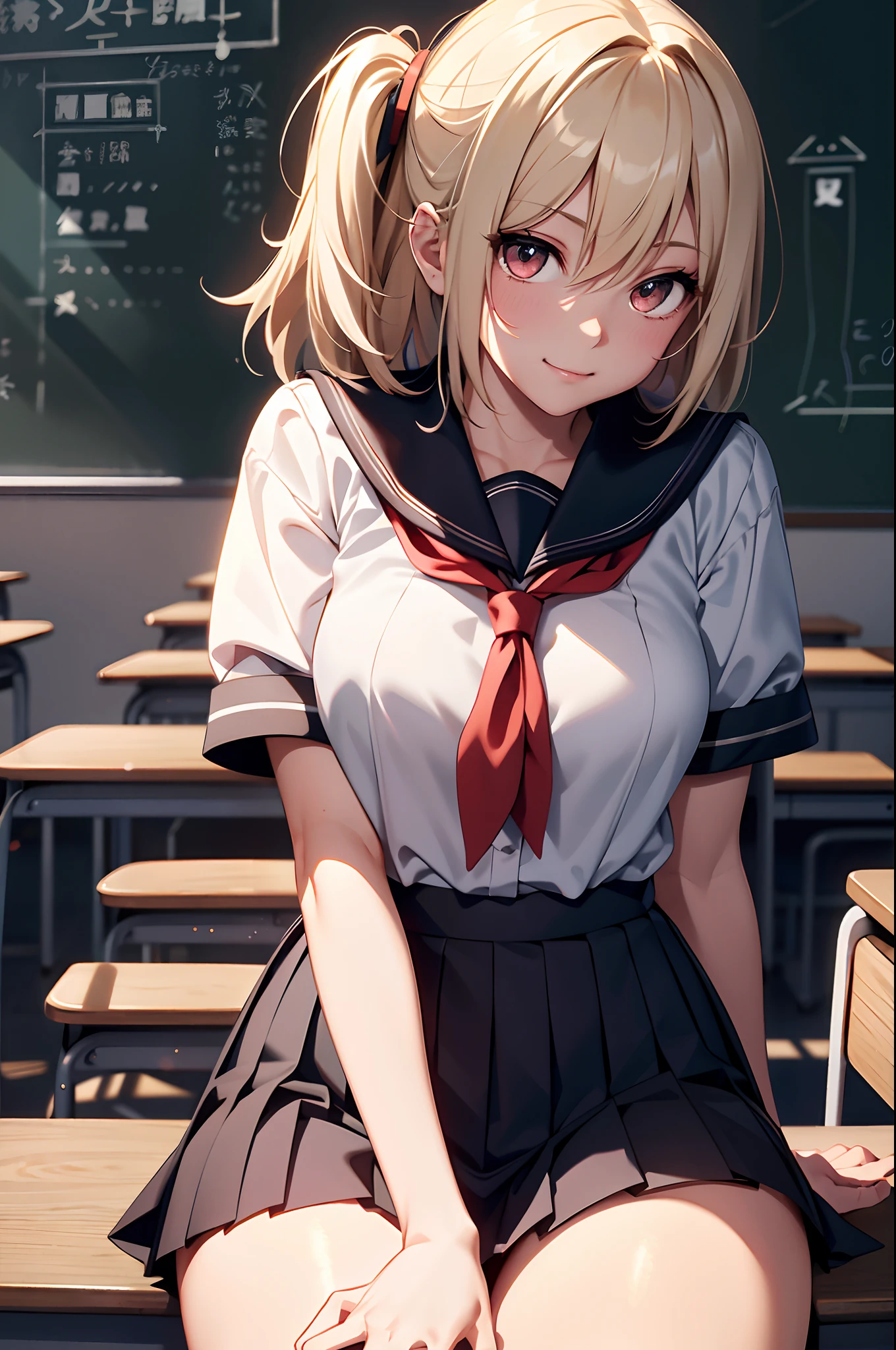 (8K、Highest image quality、highest quality、masterpiece)、detailed face、1 girl、blonde、very short hair、red eyes、earrings、evil smile、tooth、grin、((brown skin:1.2))、small breasts、white shirt、ribbon tie、((gray cardigan))、black micro mini skirt、sit on a chair、Resting your elbows on the desk、Taken from the side、cowboy shot、classroom background