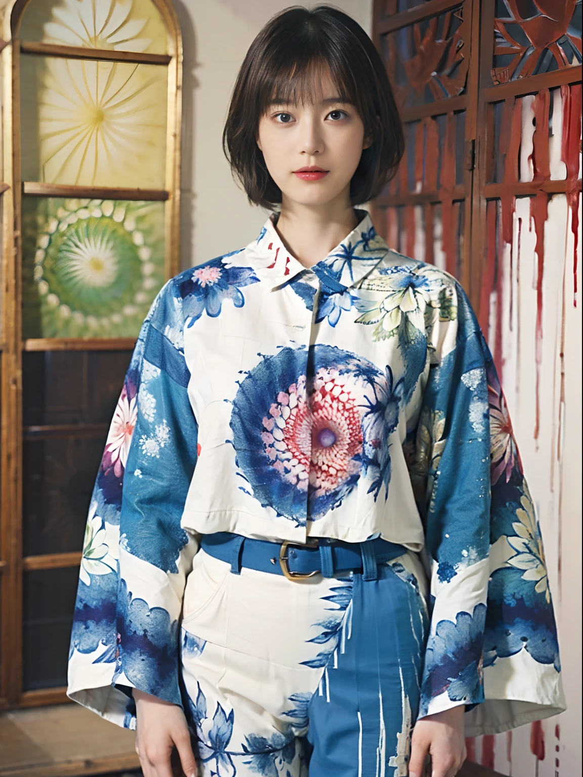 25
(Shorthair:1.23), (a 20 yo woman), (A hyper-realistic), (Masterpiece), (8KUHD), Focus on the face, (Fractal art:1.23), 
Graphic long sleeve shirt printed with anime characters, (breast:1.23), Wearing long pants, (The wall of the room is a fractal abstract painting:1.23)