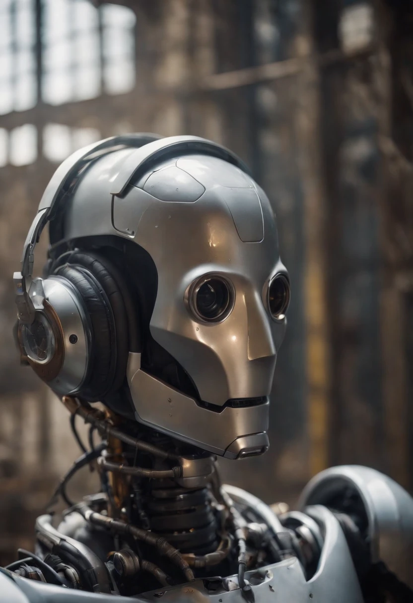 Photographic portrait of a robot wearing headphones made of titanium, tubos e luzes e mini ecras oled no corpo, Os olhos irradiam luz, dirty water, oils, maintenance, in an old abandoned and rusty factory with his nerdy friend, 8k, octano, Ultra Detalhado