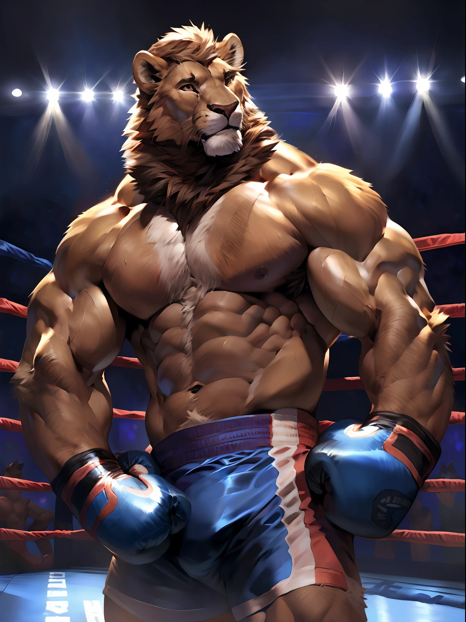 fooound it:   muscular anthro lion wearing boxing gloves. 4k, high resolution, best quality, perfect colors, perfect shadows, perfect lighting, posted on e621, furry body, solo, anthro lion, mane, body hair, older, male, adult, masculine, (heavily muscular, large muscles buff:1.2), bare torso, correct anatomy, (photorealistic fur, detailed fur, epic, masterpiece:1.2), (detailed gym background, nighttime), sexy shadows, (by Taran Fiddler, by Chunie, by Kusunagi, Bonifasko lighting), (boxing shorts:1.2), (detailed eyes:1.2), sweaty:1, sweat:1.2, shiny fur, posing for the camera, bodybuilder, confident, large muscles, sexy, full body, boxing gloves, serious facial expression