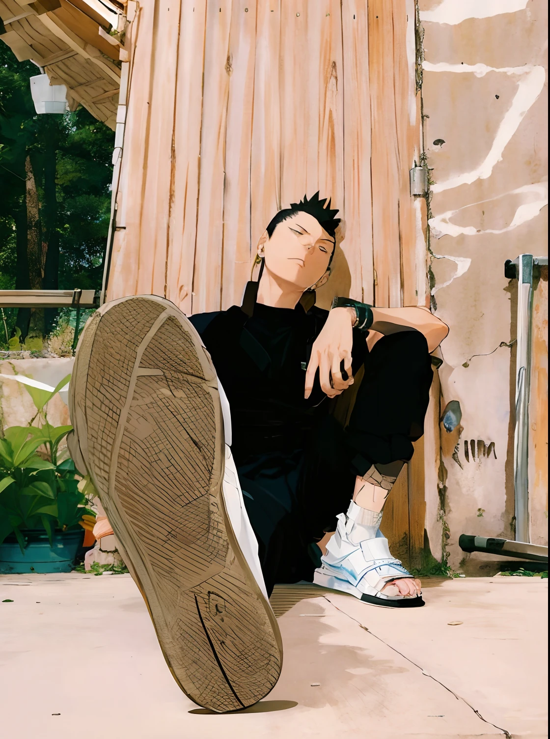 Nara_Shikamaru, look right, leaning on a wall, sitting on floor, smoking