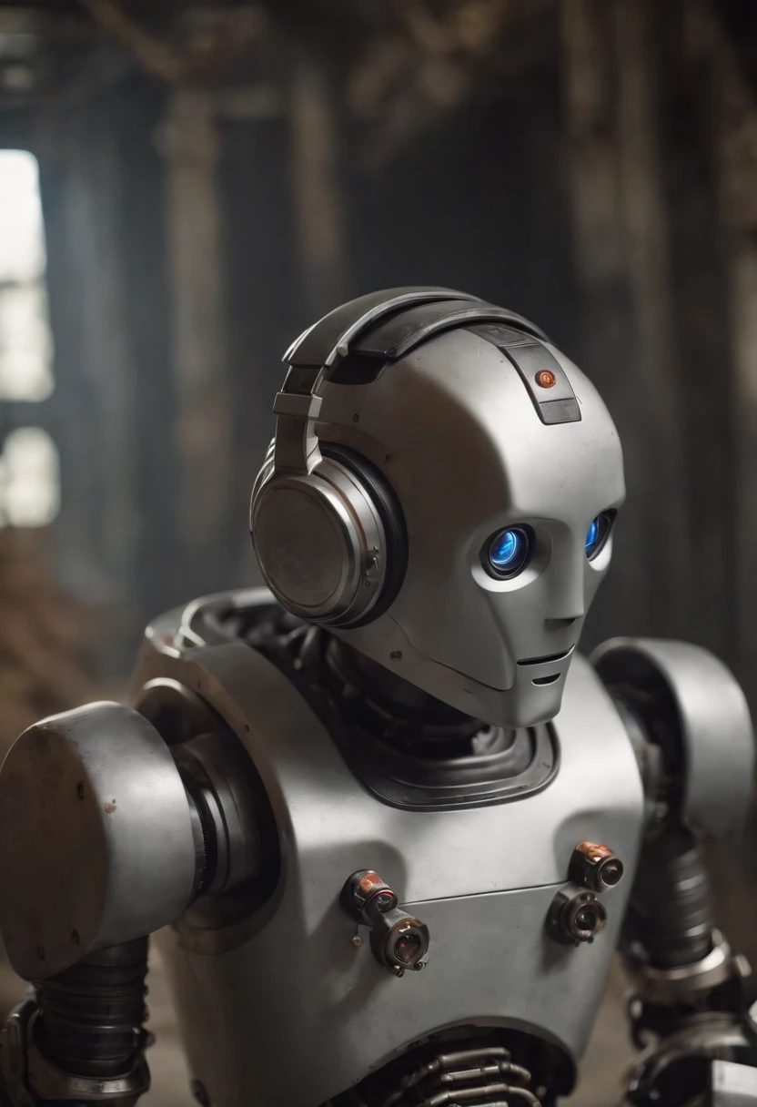Photographic portrait of a robot wearing headphones made of titanium, tubos e luzes e mini monitores tft no corpo, Os olhos irradiam luz, dirty water, oils, maintenance, in an old abandoned and rusty factory with his nerdy friend, 8k, octano, Ultra Detalhado