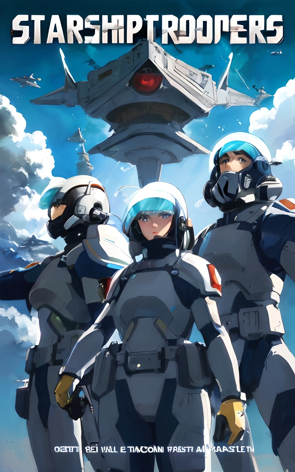 A poster of a group of people in spacesuits in front of a spaceship, modern sci-fi anime, sci fi anime, sci fi anime, arte promocional do filme, Anime mecha moderno, sci - fi arte, science fiction art, inspirado em Yoshiyuki Tomino, arte do filme, arte promocional, imagem do avatar, inspirado em Victor Mosquera