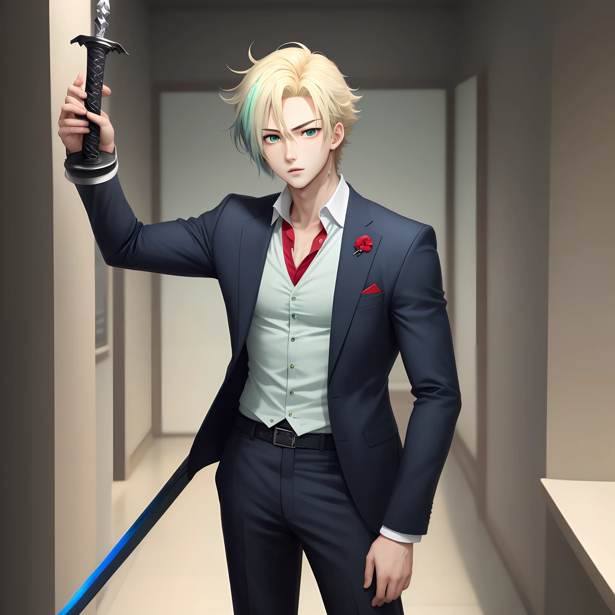 image of an anime character, handsome boy, blond hair with a blue streak, light green eyes, with a black sword with red details, with a black suit, tall boy