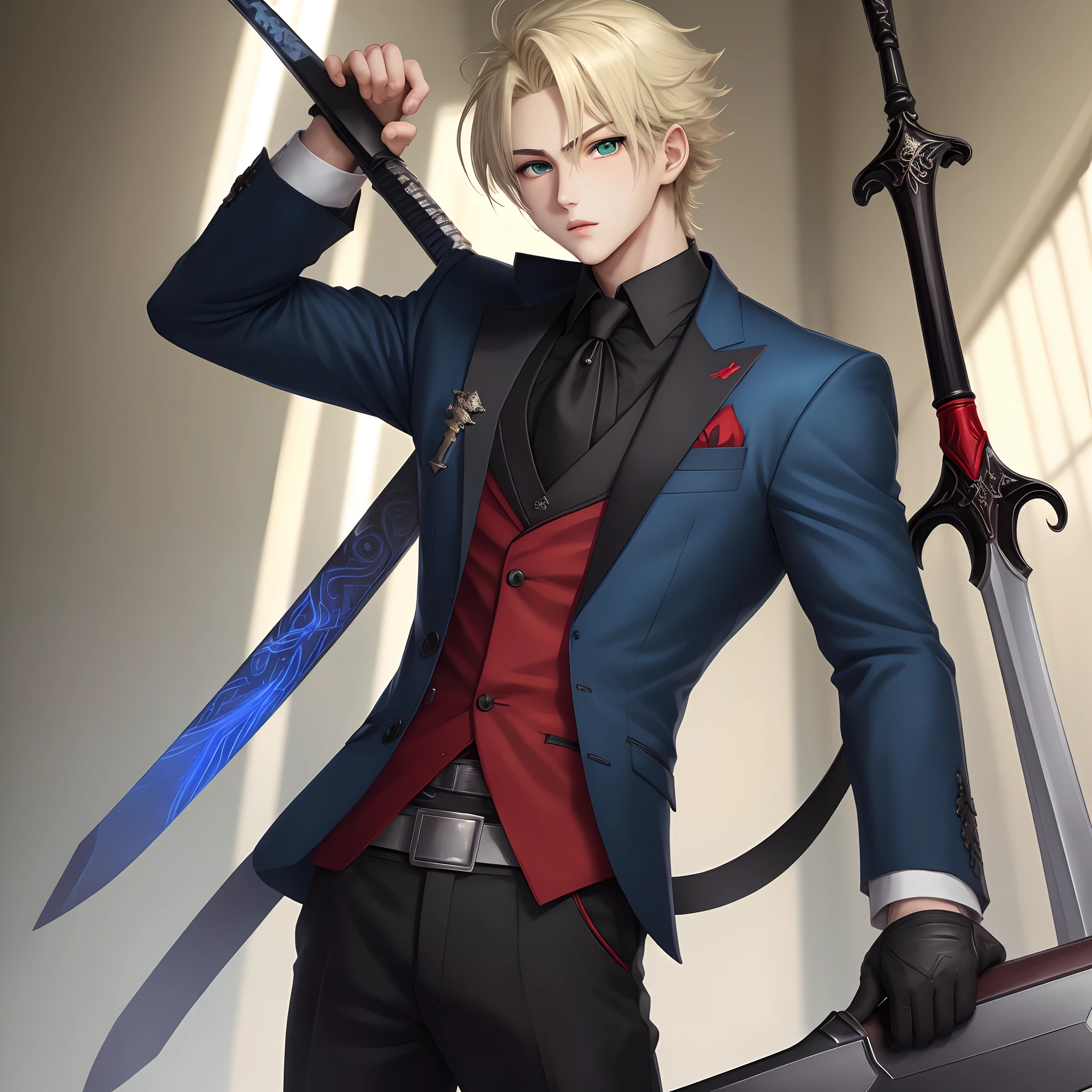 image of an anime character, handsome boy, blond hair with a blue streak, light green eyes, with a black sword with red details, with a black suit, tall boy