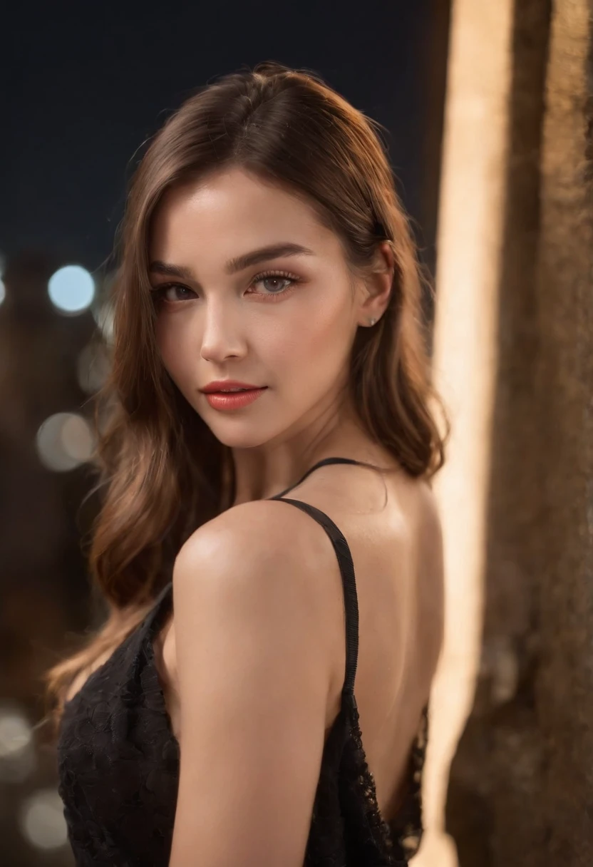 8k, Obra maestra, Foto RAW, La mejor calidad, fotorrealista, fondo de pantalla CG 8k extremadamente detallado, Profundidad de campo, cinematiclight, Destello de lente, Trazado de rayos, (cara extremadamente hermosa, labios hermosos, Hermosos ojos), Cara de detalle intrincado, ((Piel ultra detallada)) 1girl, A oscuras, Sombra profunda, Bonita chica ucraniana, Kpop idol, 1 girl, (cuerpo musculoso muy delgado y delgado:1.3), ((Mirando al espectador)),(gran sonrisa:1.3), (Noche de la Ciudad de la Moda, noche oscura, (neon sign), (fondo borroso), Noche callejera de moda),(Sin personas en segundo plano:1.3), Hermosos pendientes, Pulseras, collar, pantys, ojos claros, andante, (Pale skin), (ojos grandes), Cara hacia adelante, (brown hairs), (Toma de cuerpo completo), ((seda color coral, vestido de color coral:1.3)), (vestido ajustado), ((vestido con cordones)), (Mirando al espectador:1.3) pecho abierto, senos medianos, Enfoque de, frente de cejas,(see through dress), (Ultra minifalda), Colillas medianas, Medias con cordones