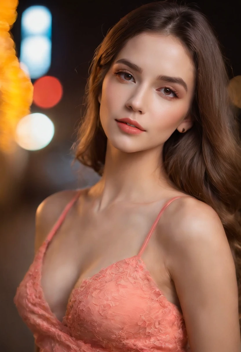 8k, Obra maestra, Foto RAW, La mejor calidad, fotorrealista, fondo de pantalla CG 8k extremadamente detallado, Profundidad de campo, cinematiclight, Destello de lente, Trazado de rayos, (cara extremadamente hermosa, labios hermosos, Hermosos ojos), Cara de detalle intrincado, ((Piel ultra detallada)) 1girl, A oscuras, Sombra profunda, Bonita chica ucraniana, Kpop idol, 1 girl, (cuerpo musculoso muy delgado y delgado:1.3), ((Mirando al espectador)),(gran sonrisa:1.3), (Noche de la Ciudad de la Moda, noche oscura, (neon sign), (fondo borroso), Noche callejera de moda),(Sin personas en segundo plano:1.3), Hermosos pendientes, Pulseras, collar, pantys, ojos claros, andante, (Pale skin), (ojos grandes), Cara hacia adelante, (brown hairs), (Toma de cuerpo completo), ((seda color coral, vestido de color coral:1.3)), (vestido ajustado), ((vestido con cordones)), (Mirando al espectador:1.3) pecho abierto, senos medianos, Enfoque de, frente de cejas,(see through dress), (Ultra minifalda), Colillas medianas, Medias con cordones