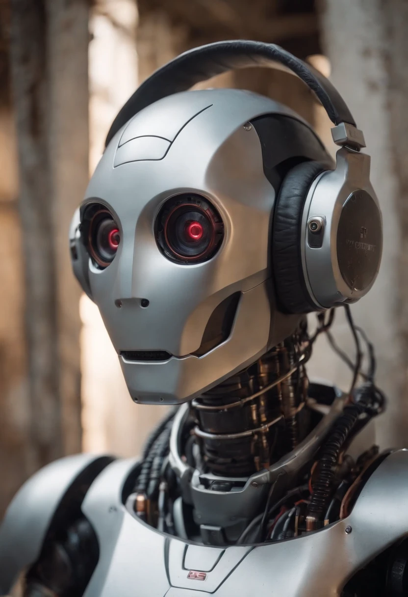 Photographic portrait of a robot wearing headphones made of titanium, tubos e luzes e mini monitores tft no corpo, Os olhos irradiam luz, olha para camara, dirty water, oils, maintenance, in an old abandoned and rusty factory with his nerdy friend, 8k, octano, Ultra Detalhado