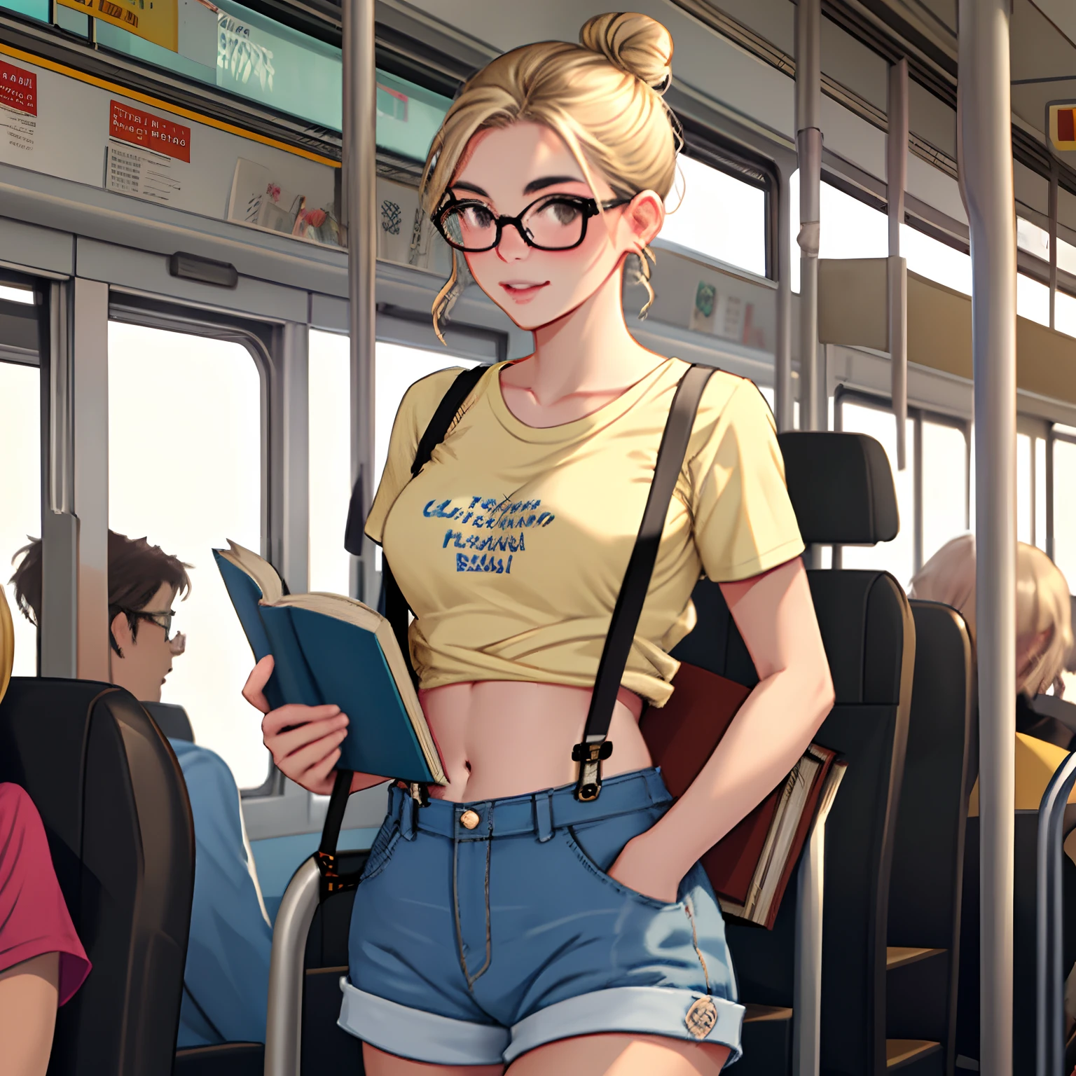 Brown-eyed young Brazilian woman with hair tied in medium blond bun wearing short t-shirt showing sexy belly with suspenders and glasses inside crowded bus distracted holding books. realista, melhor qualidade.