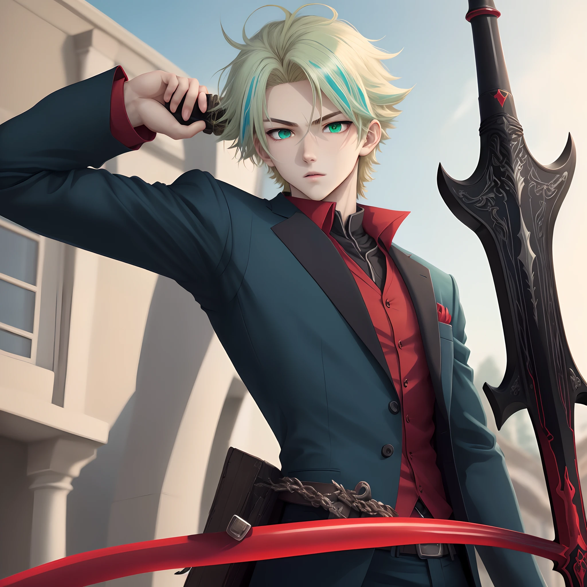 image of an anime character, handsome boy, blond hair with a blue streak, light green eyes, with a black sword with red details, with a black suit, tall boy