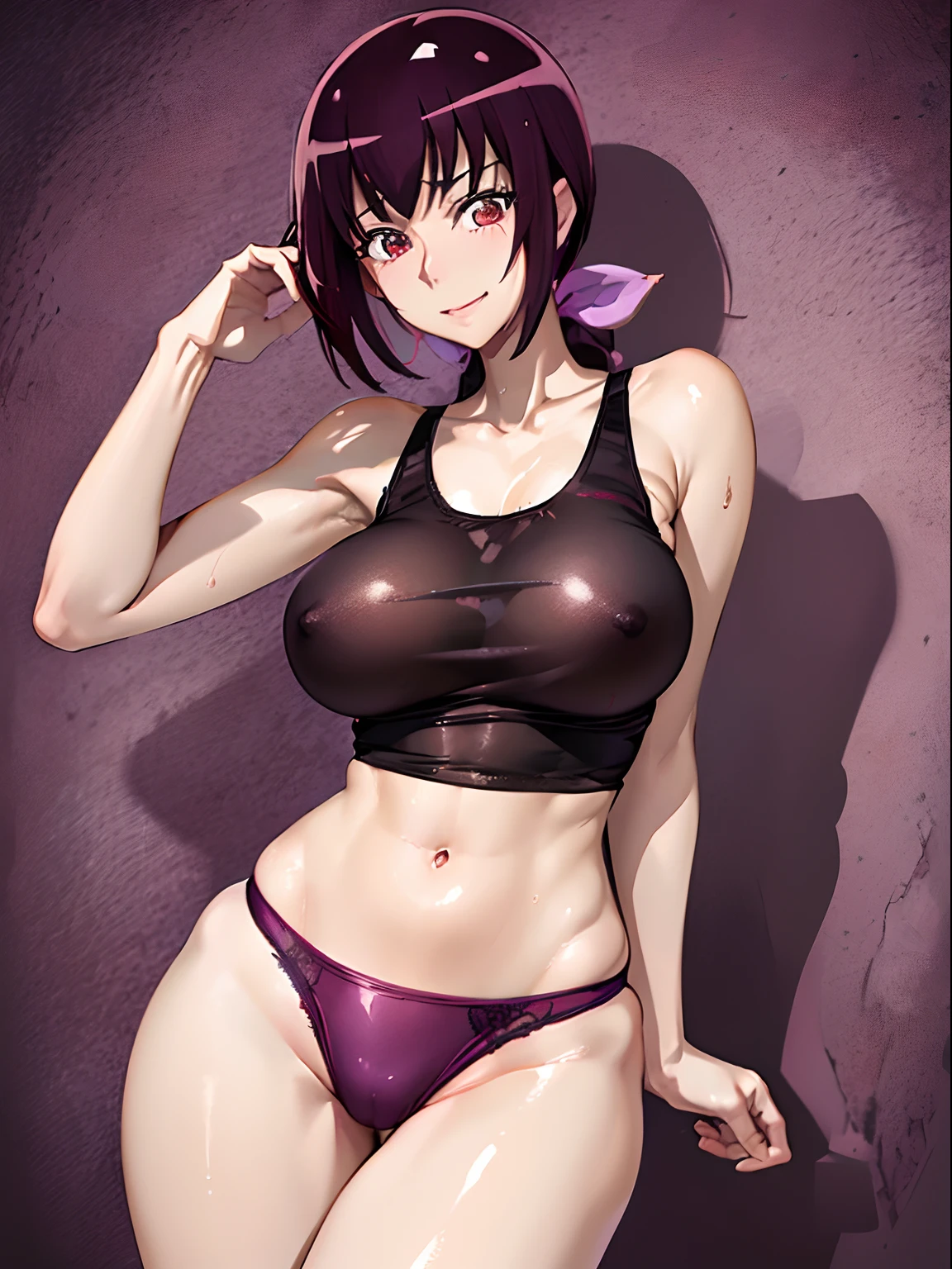 masutepiece、​masterpiece、top-quality、Beautuful Women、Extraordinary beauty、Tight tank top shirt、Bright red panties、Purple pantyhose、Colossal tits、teats、short-cut、A dark-haired、Nasty smile、beauty legs、1人の女性、full of sweat、red blush、Shooting from behind