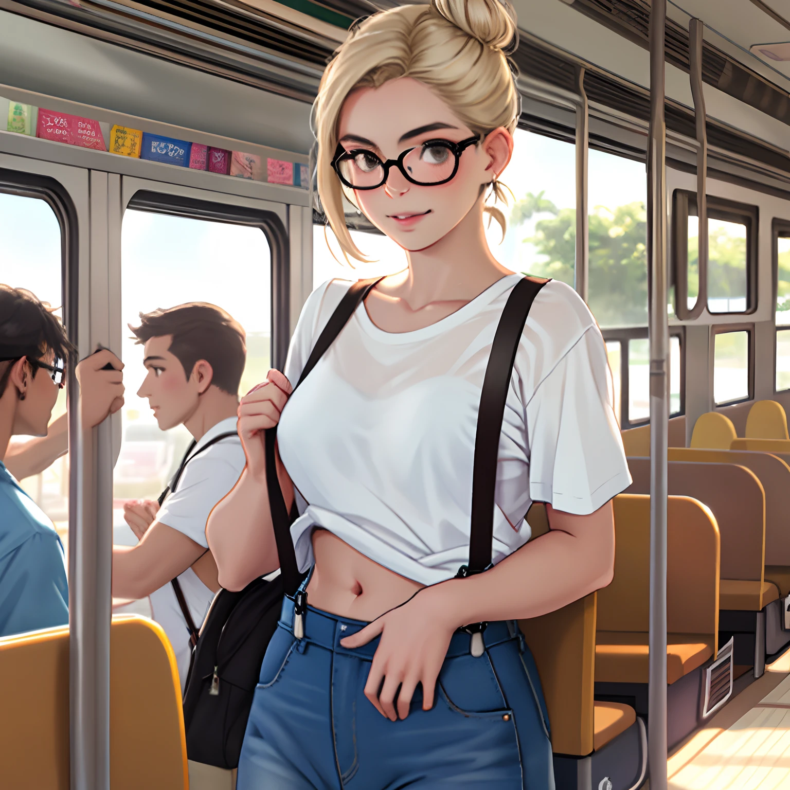 Brown-eyed young Brazilian woman with hair tied in medium blond bun wearing short white t-shirt showing sexy belly with suspenders and glasses inside crowded bus distracted holding books. realista, melhor qualidade.