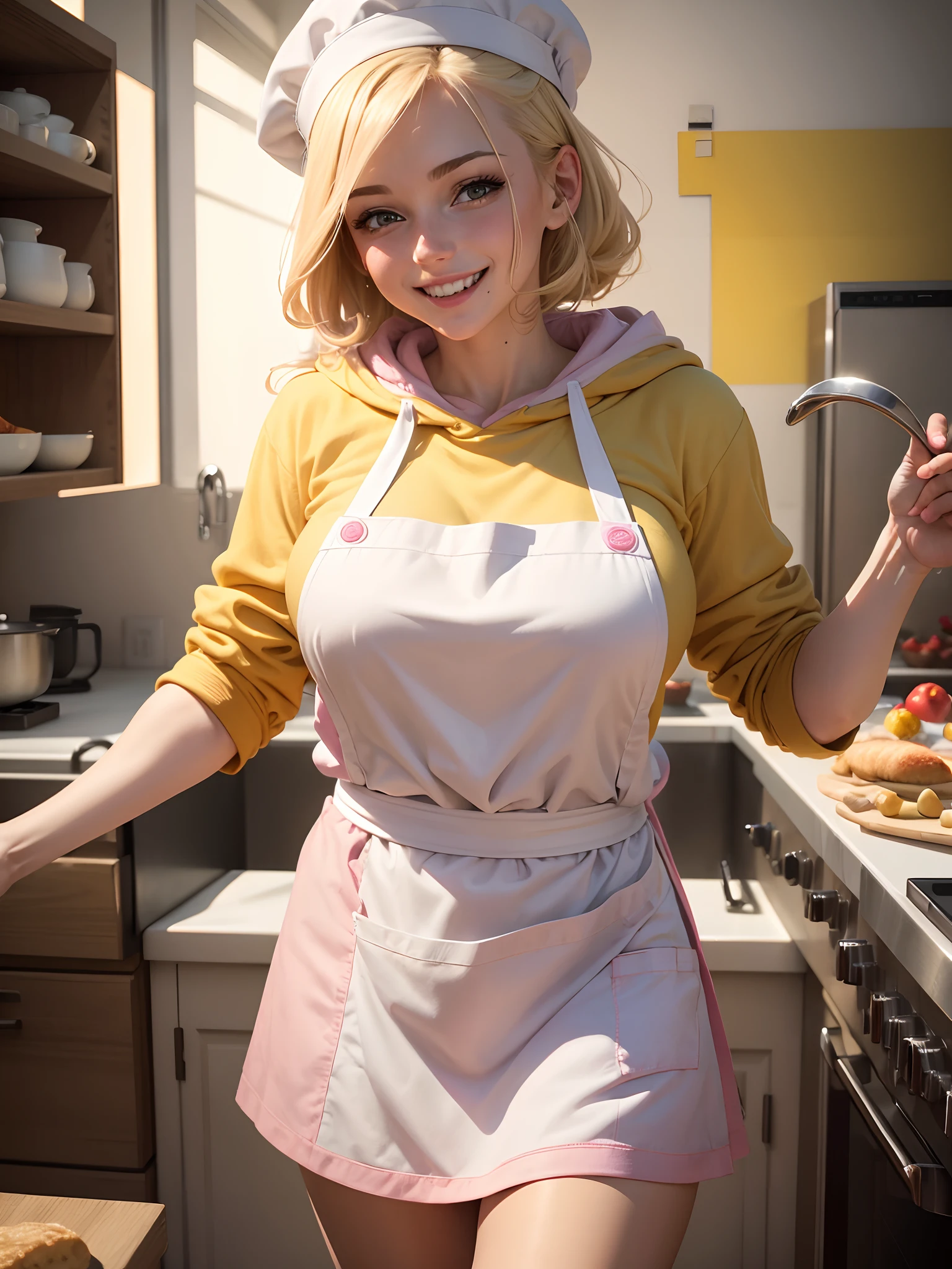 (Best Quality, Masterpiece), Portrait of a chef, Adult woman, in a colorful crazy kitchen, blonde, pink eyes, (white apron, Chef's Hat), Yellow hoodie, insane face, A perverted smile, HD, Increase Granularity