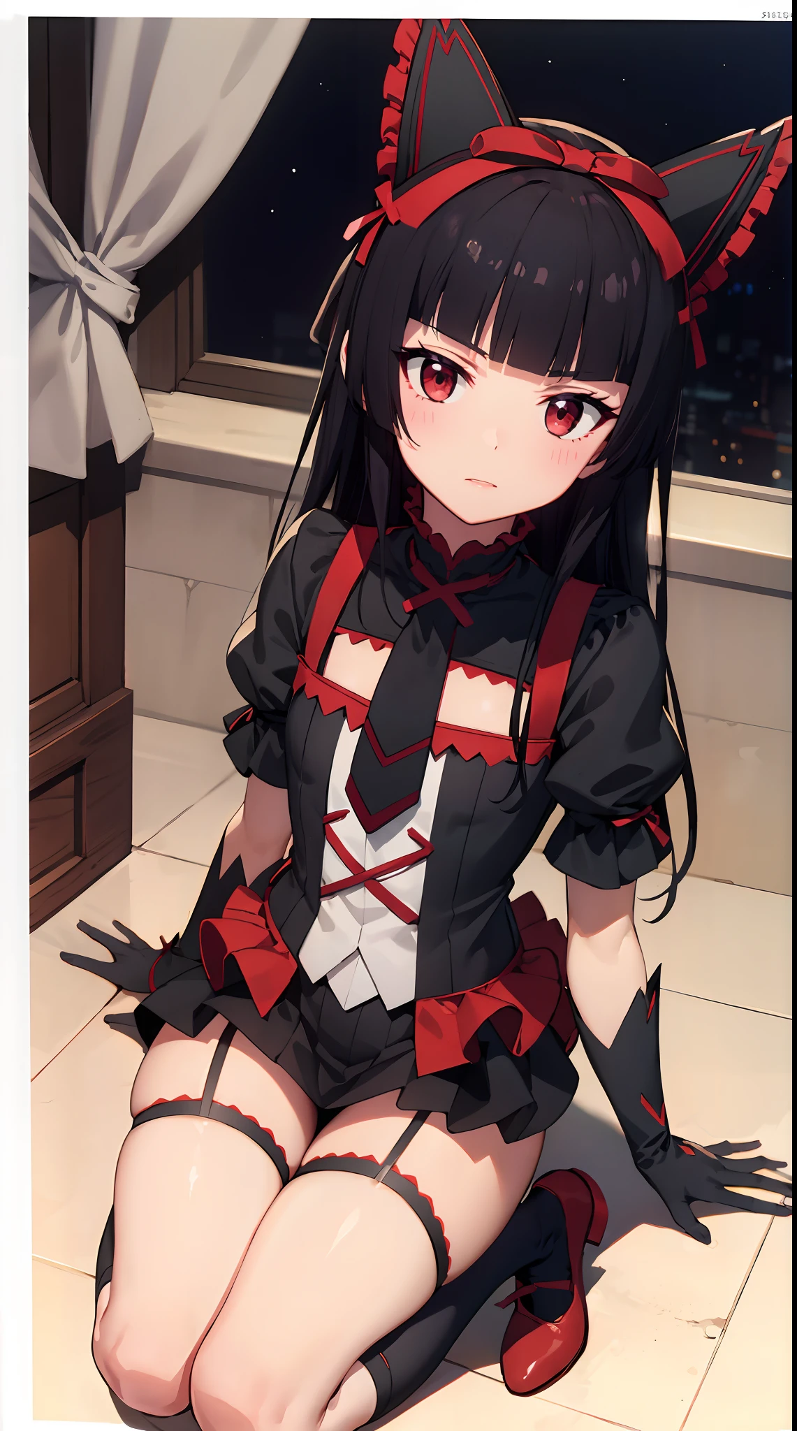 Rory Mercury, Rory Mercury, black  hair, blunt bangs, hime cut, hair ornament, black lipstick, hairlong, angry face, makeup, (small chest:1.2), (red eyes:1.5), BREAK Gothic underwear, the perfect body (little chest:1.3) Hornny,  BREAK in full growth, red shoes, BREAK Black Stockings, Black Gloves BREAK, black thighs, garter straps, gloves, gotik, Hair Bow, gothic fashion, puffy short sleeves, puffy sleeves, short sleeves, thighs, BREAK, starry night sky, night city, BREAK looks at the viewer, BREAK (Masterpiece:1.2), Best Quality, High Resolution, Unity 8k壁纸, (illustartion:0.8), (beautiful detail eyes:1.6), extremely detailed face, perfect  lighting, extremely detailed CGI, (perfect arms, perfect anatomy),