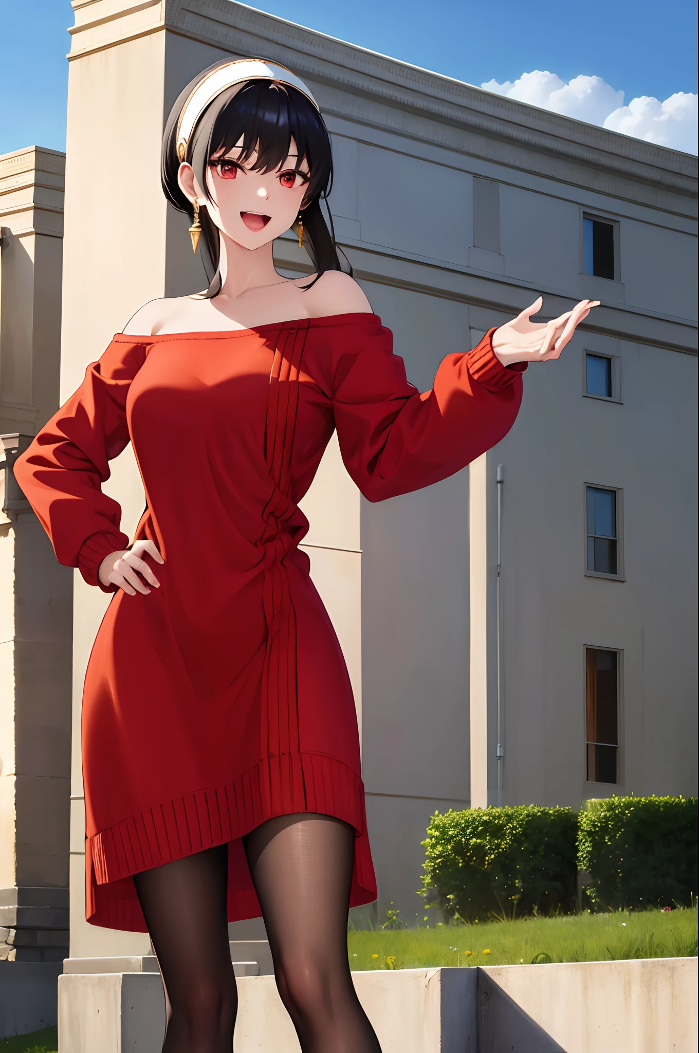 masterpiece, best quality, highres, bbyorf, short hair with long locks, white hairband, red eyes, gold earrings, large breasts, jewelry, off shoulder, red sweater, sweater dress, long sleeves, black pantyhose, outdoors, standing cowboy shot, smile, open mouth, hand on hip,