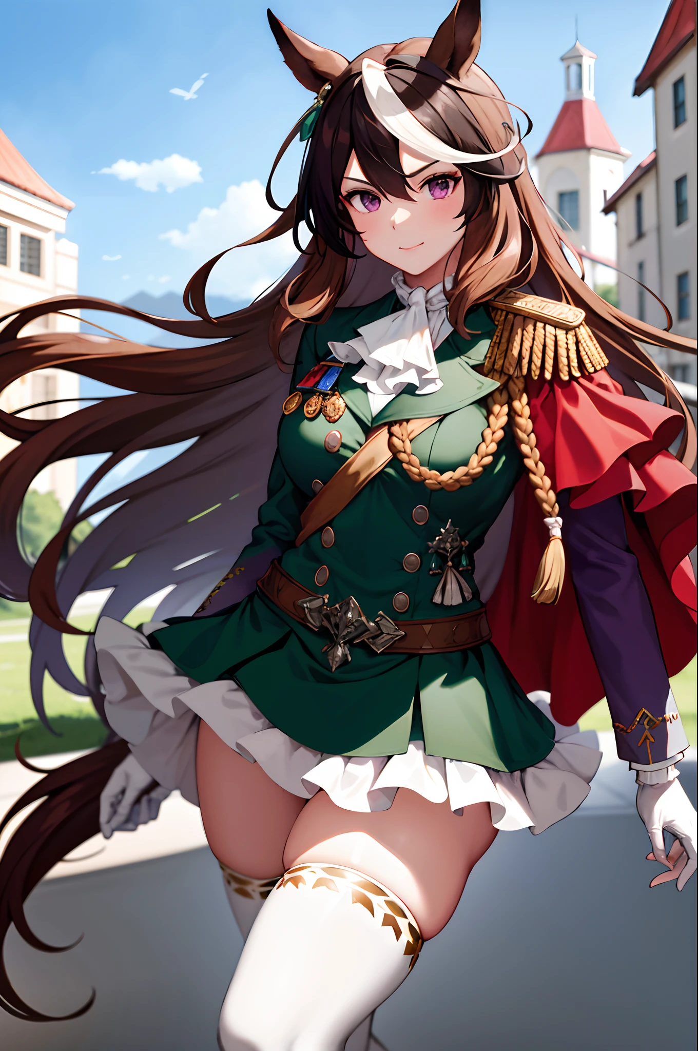 masterpiece, best quality, highres, hmsymbo, 1girl, animal ears, streaked hair, horse tail, white gloves, black thighhighs, white ascot, red cape, single epaulette, long sleeves, green jacket, frills, medal, jewelry, green ultra miniskirt, erect nipples,buttons, grass, running, sweat,nsfw,from below,show off groin,cameltoe,Background of the racecourse,red blush