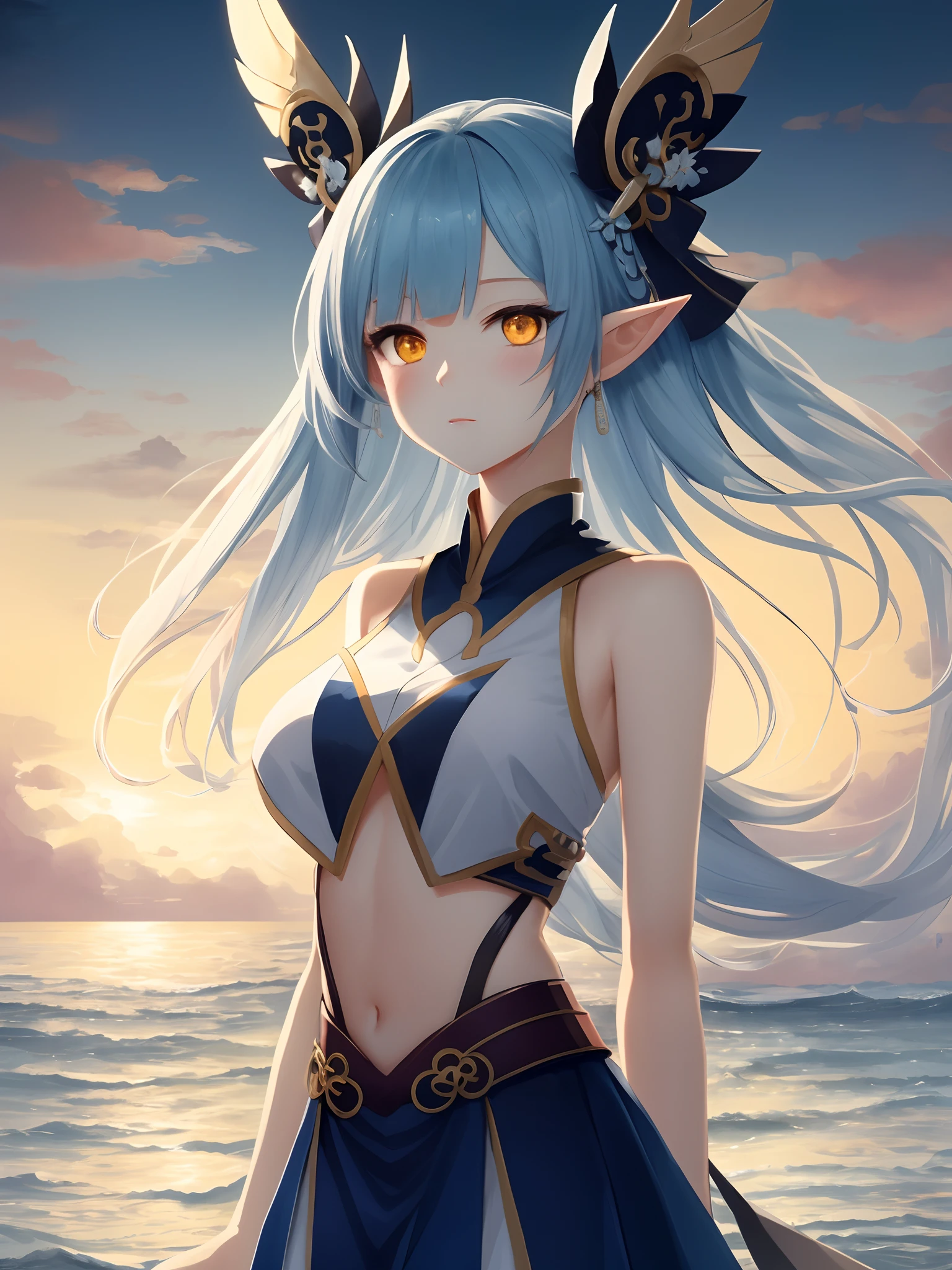 1个Giant Breast Girl,calm expression,mesmerizing eyes,Flowing skirt,A calm posture,Porcelain-like skin,Subtle blush,(edge lit):1.2,a warm color palette,sunflare,soft shade,vivd colour,painterly effect,Fantastic atmosphere BREAK scenic seaside,Calm water surface,Reflectors,Sunlit clouds,tranquil ambiance,Idyllic sunsets,ultra - detailed,offcial art,统一 8k 壁纸,From mobile games《onmyoji》light blue hair,Hair is like ocean waves。Linghai Goldfish Hime,Big anime eyes,yellow eyes,Ultra-delicate eyes,M bangs,Pointy ears,clothing in dark blue colors,short skirt,Anime comic style,smallunderboob