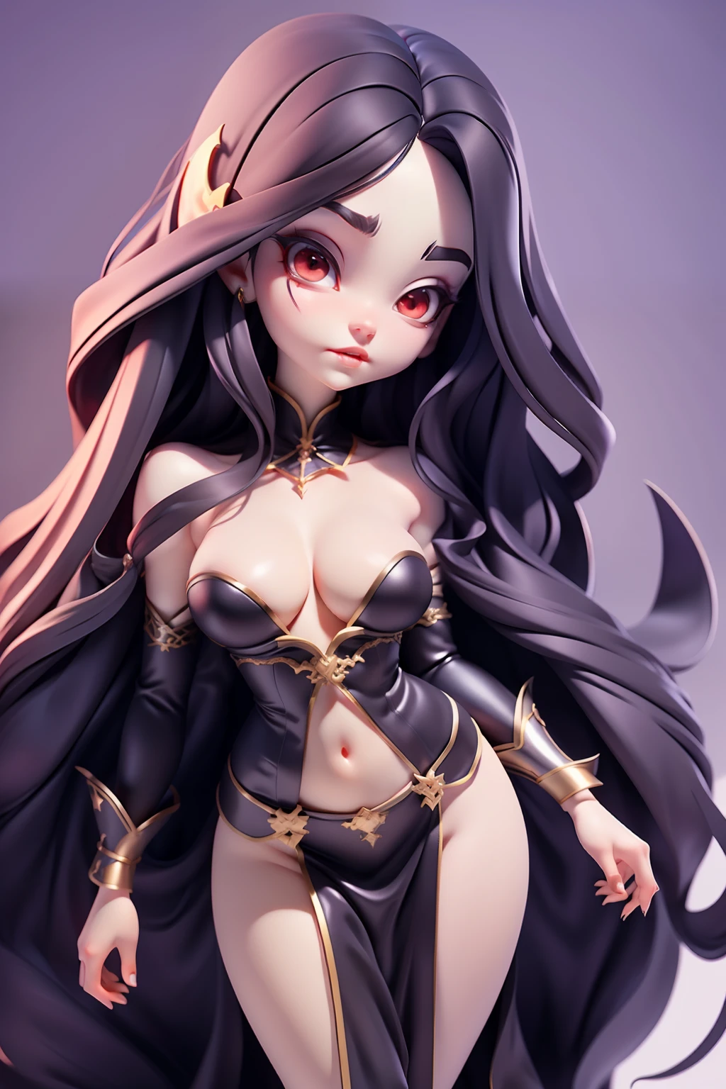 gorgeous vampire girl, very pale skin, very sparkling glowing eyes, evil look, black long hair, perfect small breasts, slim waist, voluptuous hips, fantasy, film grain, UHD, masterpiece, anatomically correct, super detail, best quality